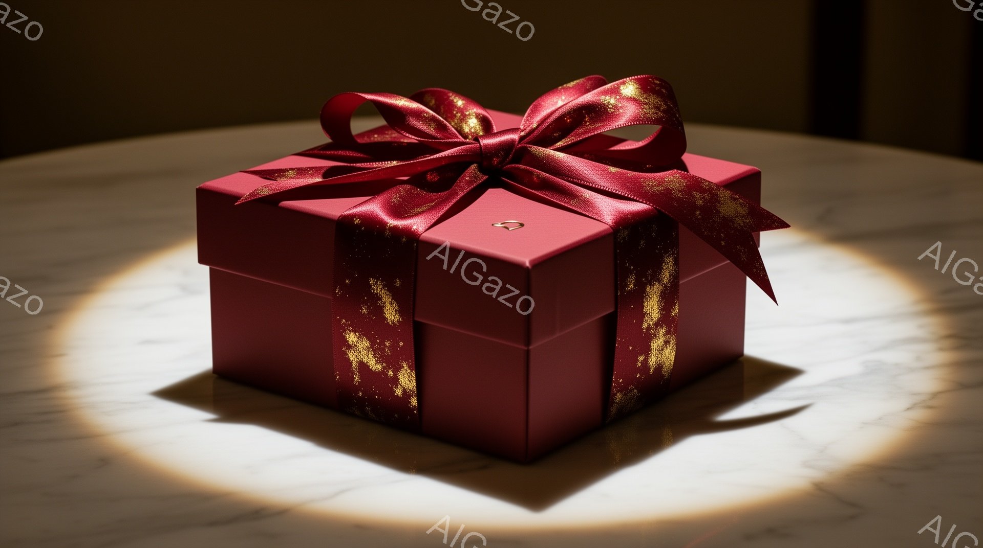 深紅色のギフトボックスが、大理石のような表面を持つプラットフォームの中央に置かれています。ボックスには金色の箔押し模様が施され、深紅のリボンが丁寧に結ばれています。スポットライトのような光がボックスを照らし、ドラマチックで豪華な雰囲気を醸し出しています。