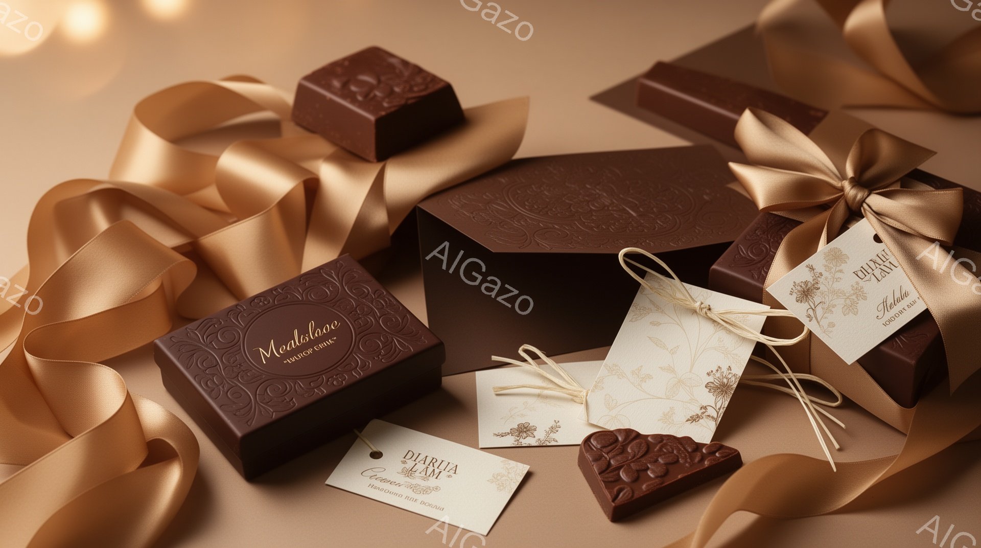 画像には、茶色のチョコレートとギフトボックスが散りばめられた、豪華で暖かい雰囲気の静物が描かれています。チョコレートには、繊細な花のイラストが描かれたタグが結び付けられ、リボンや包装紙の色調と調和しています。全体的に、洗練されたエレガントな雰囲気を醸し出し、特別な機会や贈り物にふさわしいイメージです。
