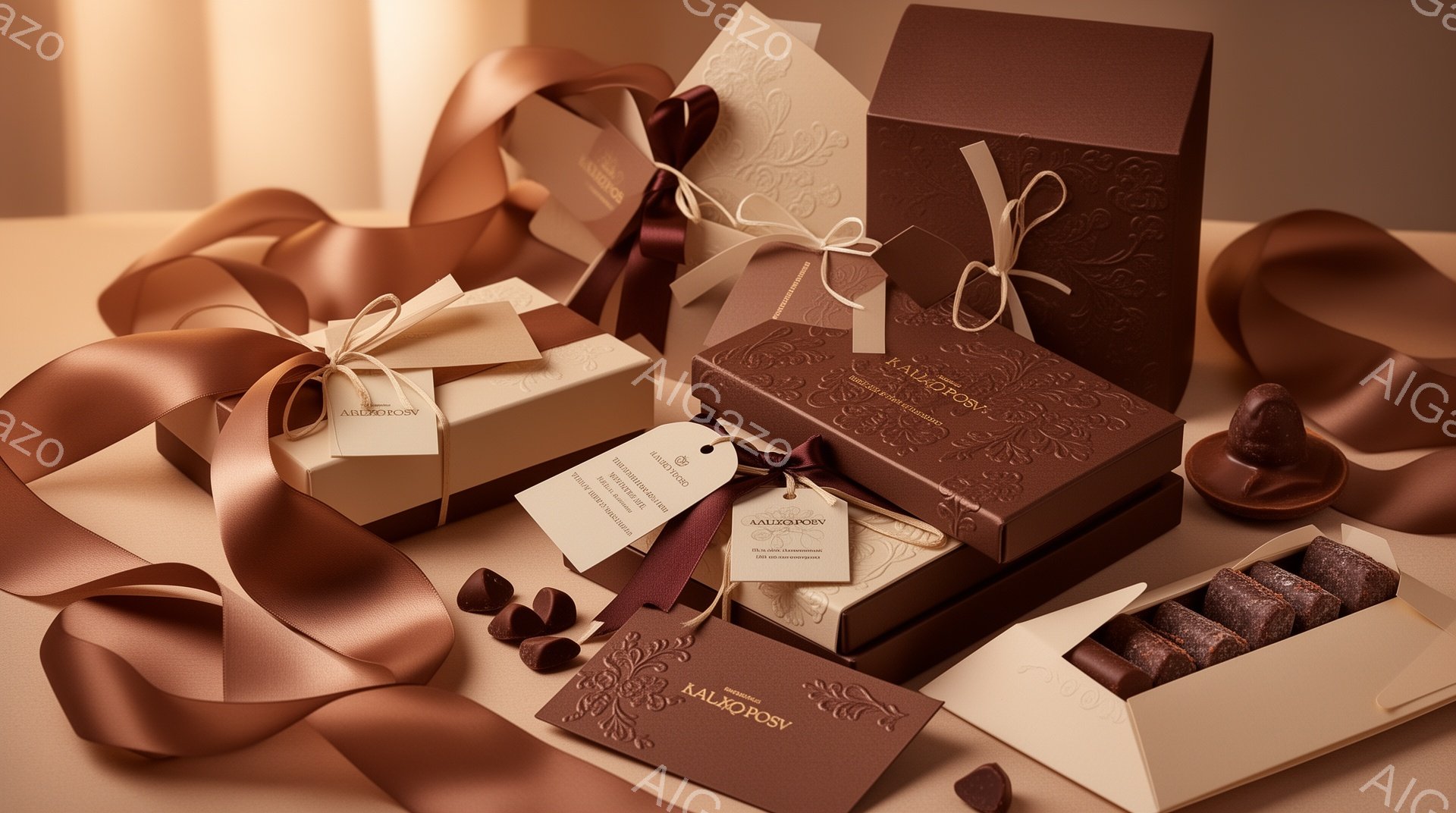チョコレートのギフトボックスが、温かいベージュと茶色の色調で、柔らかい光の中で美しく配置されています。リボンやタグがアクセントとなり、高級感と洗練された雰囲気を醸し出しています。背景はぼかされており、チョコレートそのものを際立たせています。
