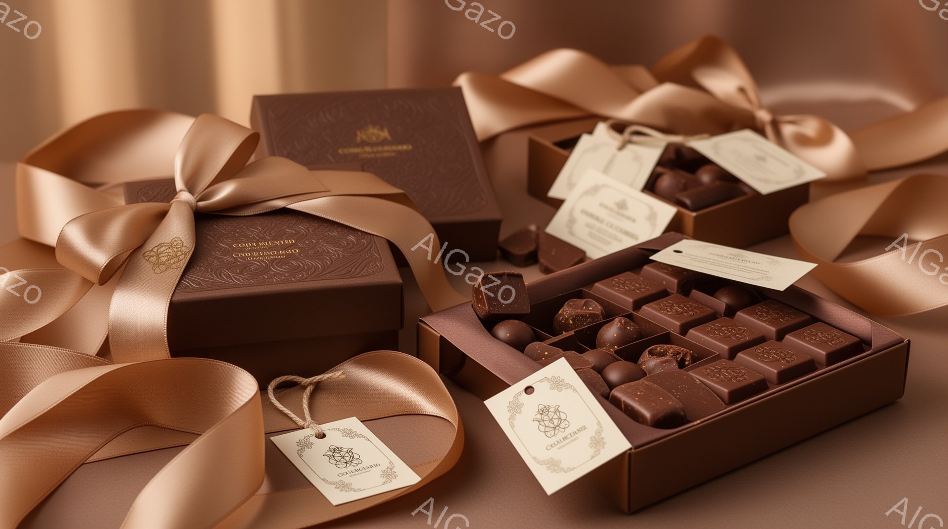 チョコレートの詰め合わせが3箱、明るいベージュの背景の上に並べられています。箱は深茶色で、金色のリボンとタグが飾り付けられています。チョコレートは様々な形と色をしており、高級感と美味しさを感じさせます - AI生成フリー素材