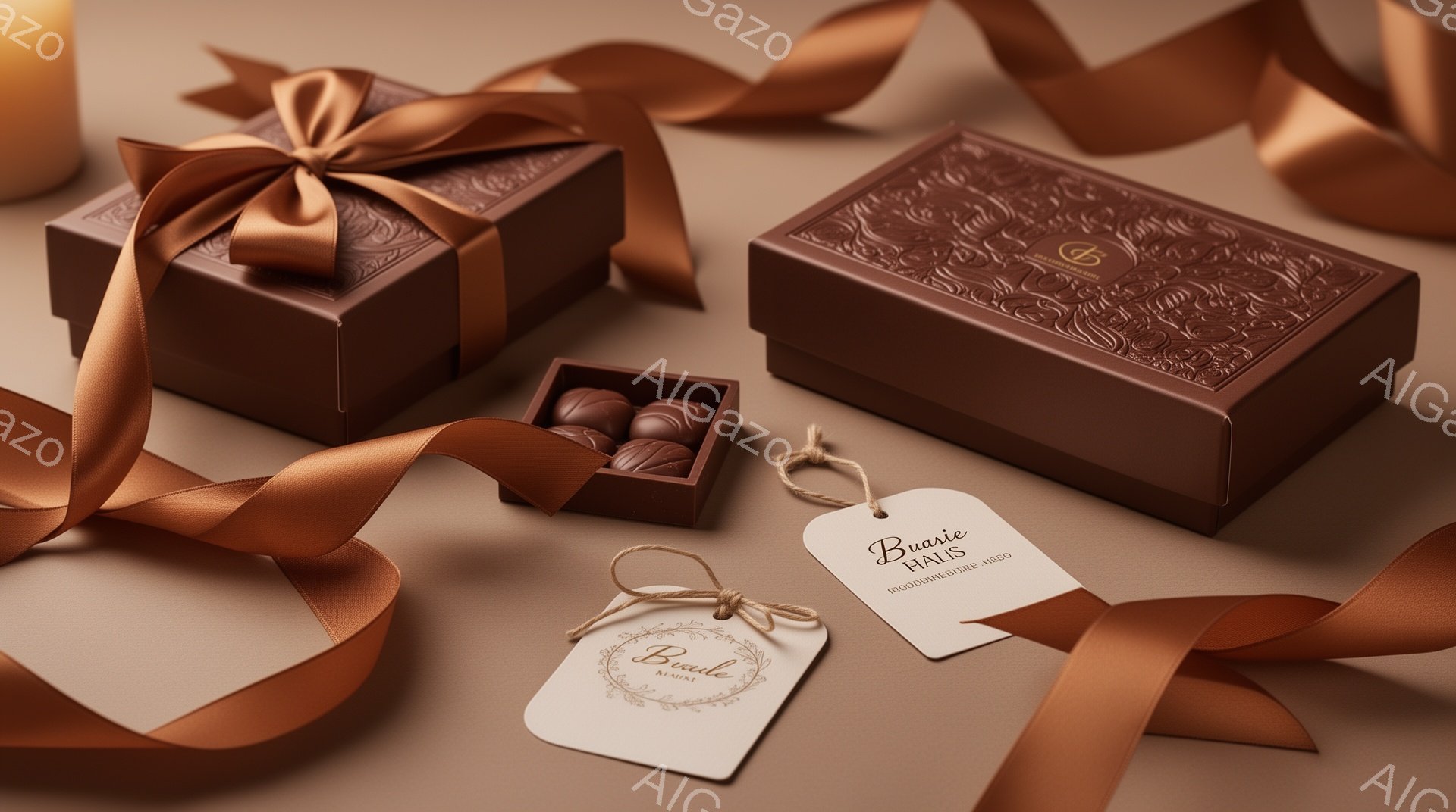 画像には、茶色のギフトボックスが2つと、チョコレートがいくつか入った小さな開いたギフトボックスが写っています。ギフトボックスはリボンで飾られており、タグには「Buais」と書かれています。背景は暖色系の単色で、チョコレートのギフトの豪華さと贅沢な雰囲気を強調しています。