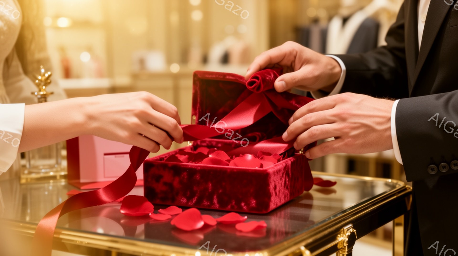 深紅色のベルベットの箱が、金色の装飾が施されたテーブルの上に置かれ、赤いリボンが開けられています。男性と女性の手がリボンに触れており、箱の中には散りばめられた赤い花びらが確認できます。背景はぼやけており、高級感のある店舗内であることが推測され、ロマンチックで特別な瞬間を予感させる雰囲気です。