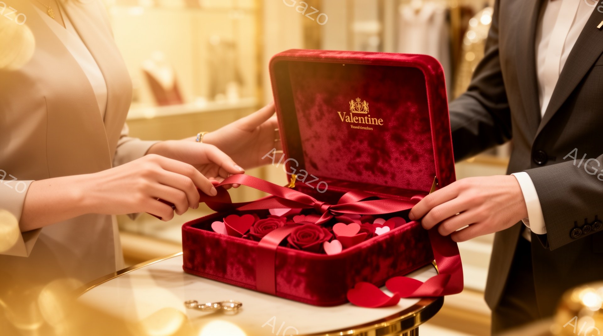 真っ赤なベルベットの箱が、磨かれたテーブルの上に開けられています。箱の中には、赤いリボンとたくさんのハート形のチョコレートが詰まっています。男性はダークスーツを着ており、女性はベージュの服を着ており、二人で箱を手に持っている様子から、ロマンチックな雰囲気や特別なイベントを示唆しています。
