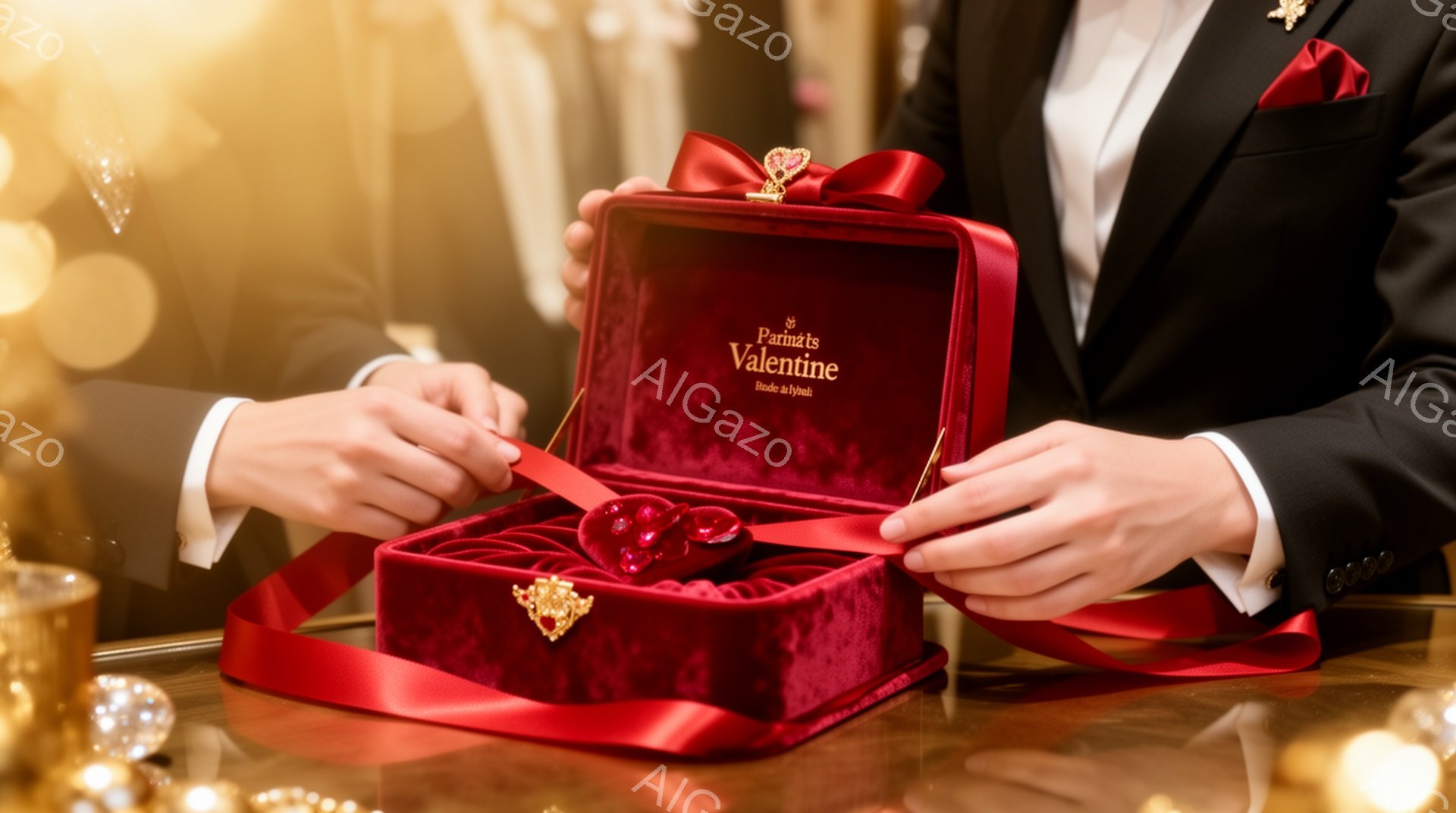 深紅色のベルベットの箱が、男性によって開けられています。彼は黒いスーツに白いシャツを着用し、左手には指輪がはめられています。背景には金色の装飾とぼやけた光があり、高級感とロマンチックな雰囲気を醸し出しています。