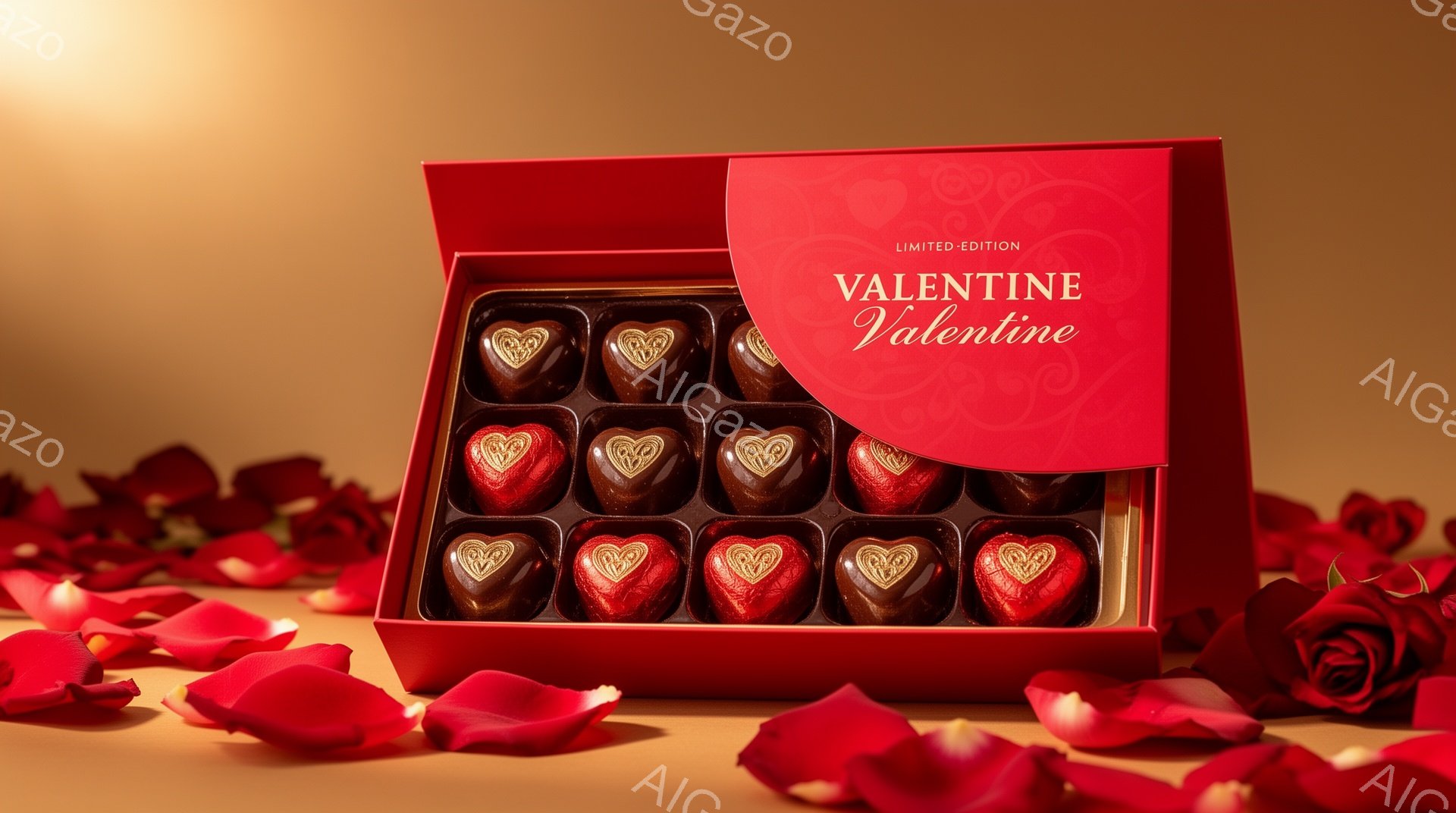 真っ赤な背景に、赤いバラの花びらが散りばめられ、赤い箱の中に、金色の模様が描かれたチョコレートが整然と並べられています。箱には「LIMITED EDITION」と書かれており、バレンタインデーを連想さ - AI生成フリー素材