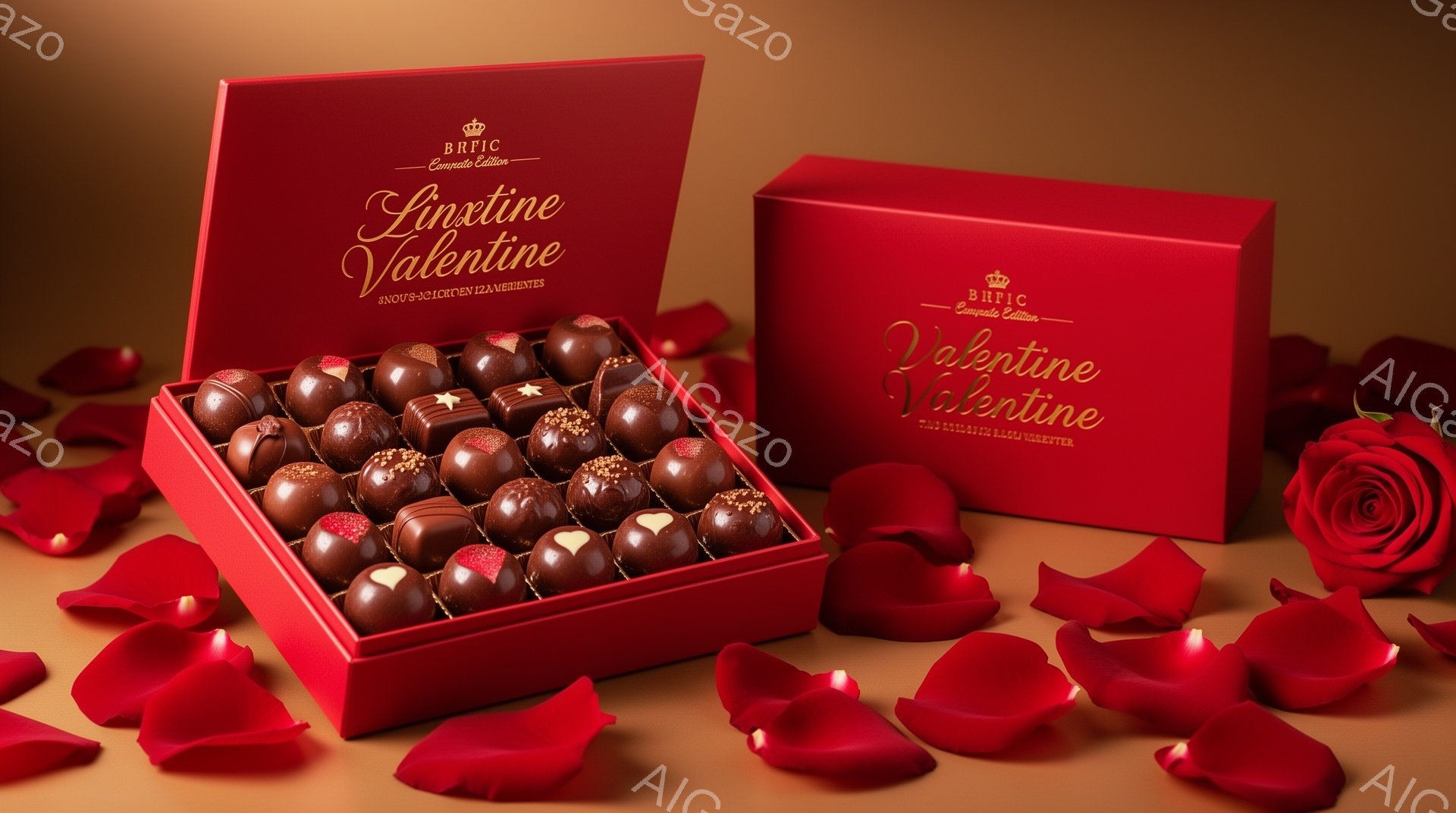 赤いバラの花びらが敷き詰められた背景に、リンツのチョコレートが入った赤い箱が置かれています。箱には金色の文字で「LINDT」「Valentine」「COMPOSITE EDITION」と書かれています - AI生成フリー素材
