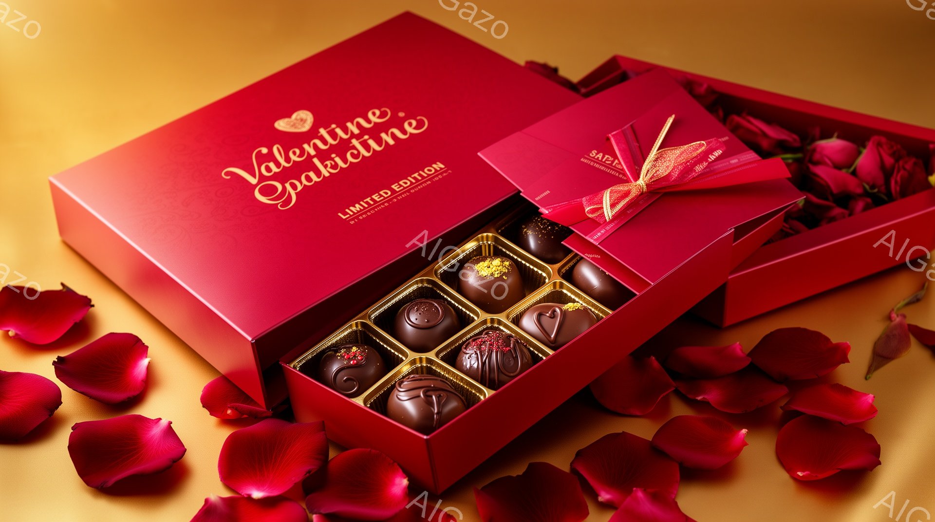 真っ赤なチョコレートの箱が、バラの花びらの中に開いており、様々な種類のチョコレートが整然と並べられています。箱には「Valentine」と書かれており、限定版であることが示されています。全体的にロマンチックで華やかな雰囲気で、バレンタインデーを連想させる一枚です。
