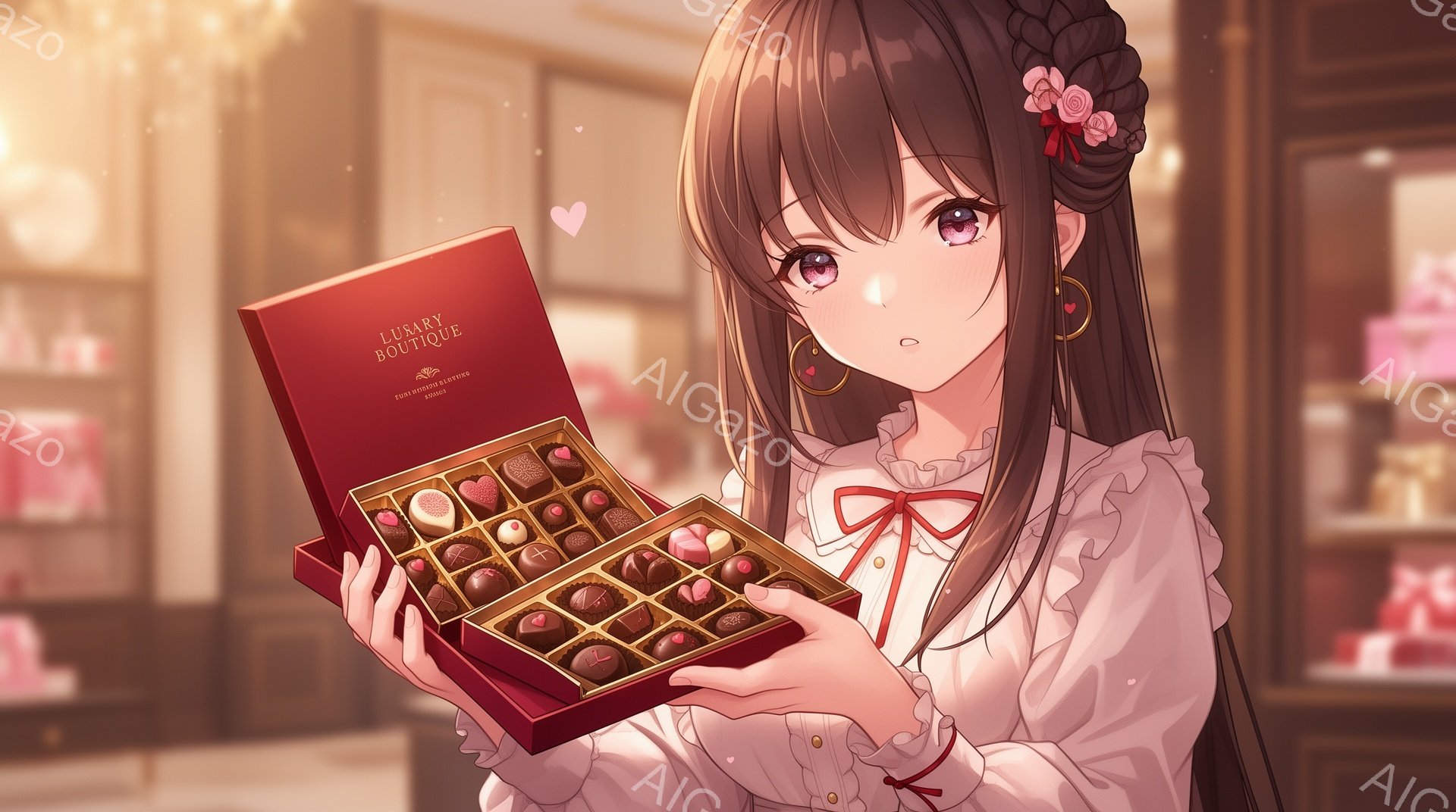長い茶色の髪を後ろで編み込み、ピンク色のリボンと白いバラの髪飾りをつけている少女が描かれています。白いブラウスと赤いリボンが特徴的なドレスを着ており、チョコレートが並んだ赤い箱を両手で抱えています。背景にはチョコレートが並んだショーケースが見え、暖かく優しい雰囲気のイラストです。