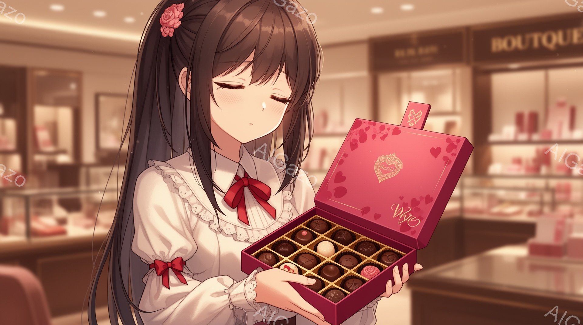 長い黒髪をまとめ、赤いリボンをあしらった少女が、開いたピンク色のチョコレート箱を持っています。白いブラウスに赤いリボンが結ばれており、微笑みを浮かべています。背景にはショーケースが並び、高級ブティック - AI生成フリー素材
