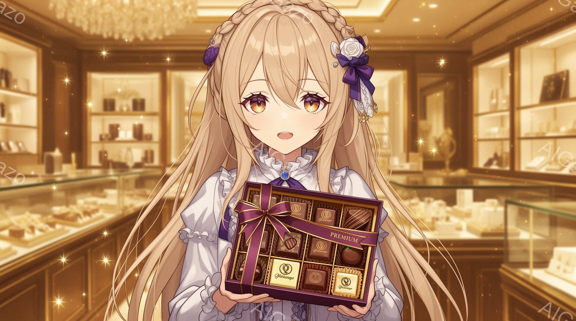 金髪の少女は、白いレース襟のブラウスと、繊細なリボンが飾られたドレスを着ており、髪は編み込みでまとめられています。彼女は両手で高級チョコレートの箱を持っており、優しい笑顔を浮かべています。背景は豪華な - AI生成フリー素材