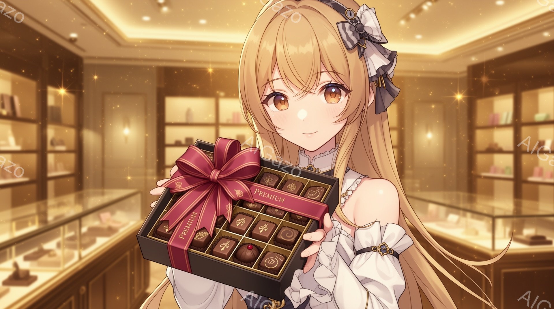 明るい茶色の長い髪を横に流し、白いフリル付きのドレスを着た若い女性が描かれています。彼女は両手で高級感のあるチョコレートの箱を持って微笑んでおり、表情は優しく、幸せそうです。背景は高級チョコレートショップの棚で、箱には「PREMIUM」と書かれたリボンが結ばれています。