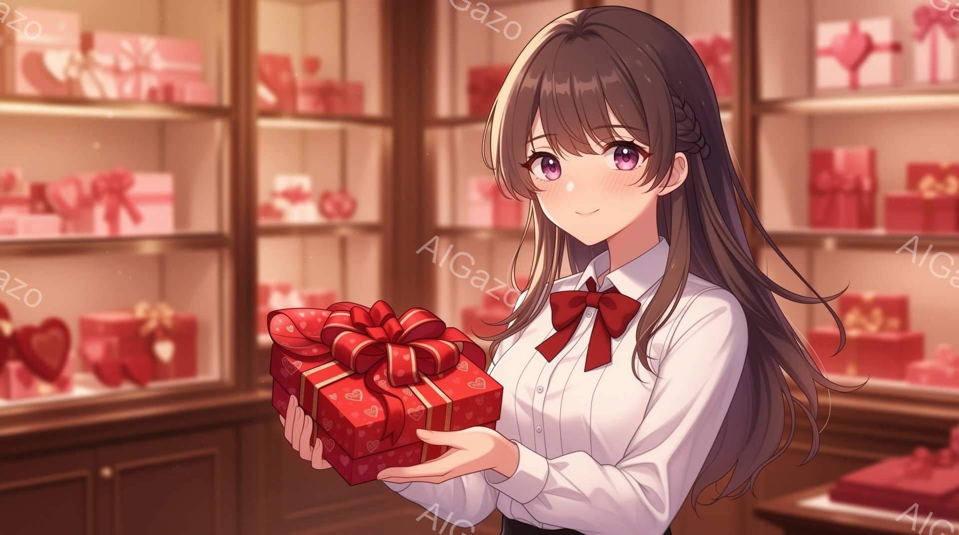 長い茶髪をサイドに流した女性が、赤いリボンを付けた白いシャツと茶色のスカートを身に着けている。彼女は両手で大きな赤いプレゼントの箱を持って微笑んでおり、優しい表情をしている。背景には、たくさんの赤いギ - AI生成フリー素材