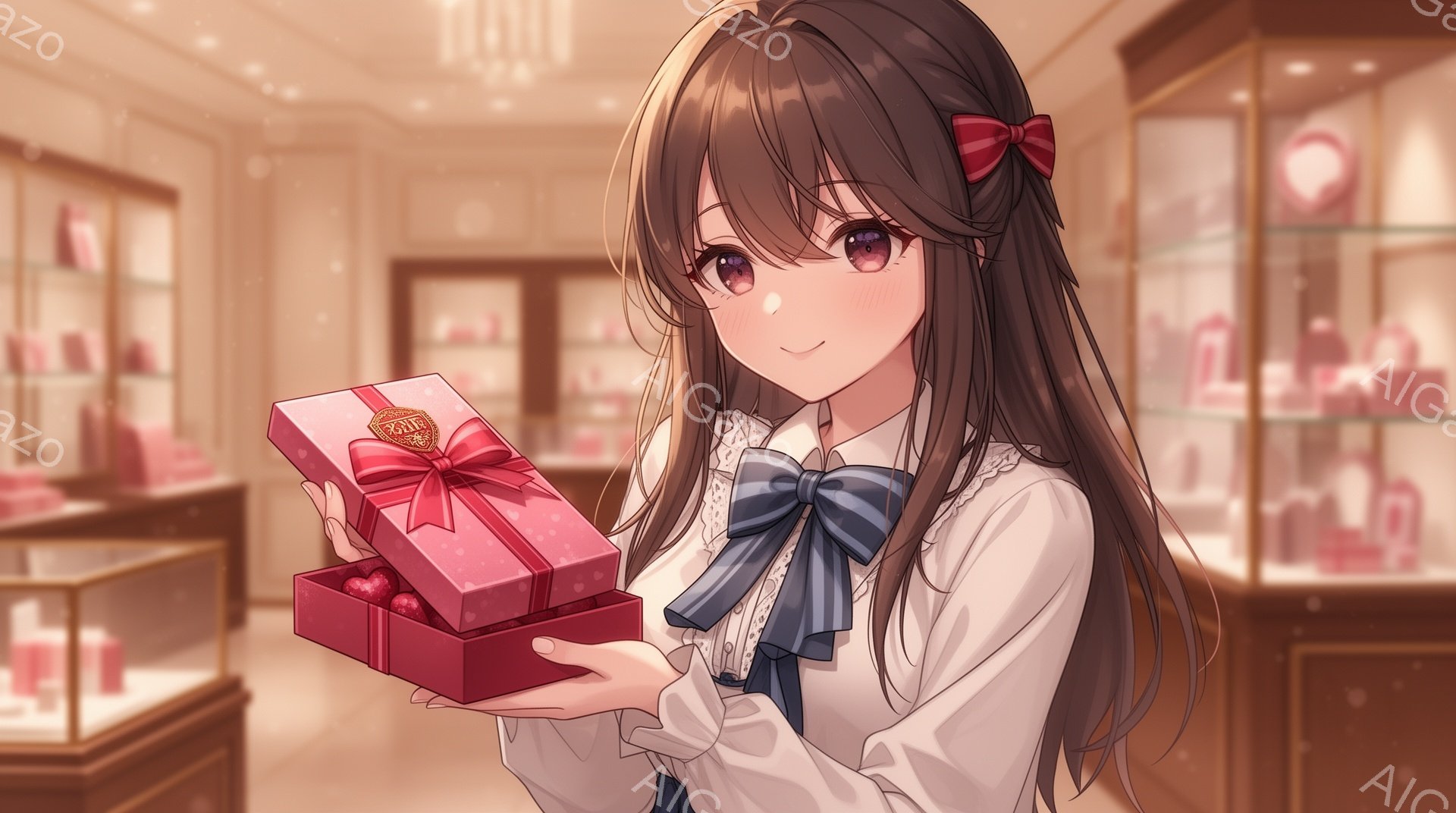 長い茶色の髪に赤いリボンをつけた若い女性が、赤い箱に入ったお菓子を手に持っています。彼女は白いブラウスとネイビーブルーのリボンが付いたベストを着ており、柔らかな笑顔を浮かべています。背景にはショーケースが並び、高級感のある店内で、贈り物を受け取ったばかりの喜びの雰囲気が漂っています。