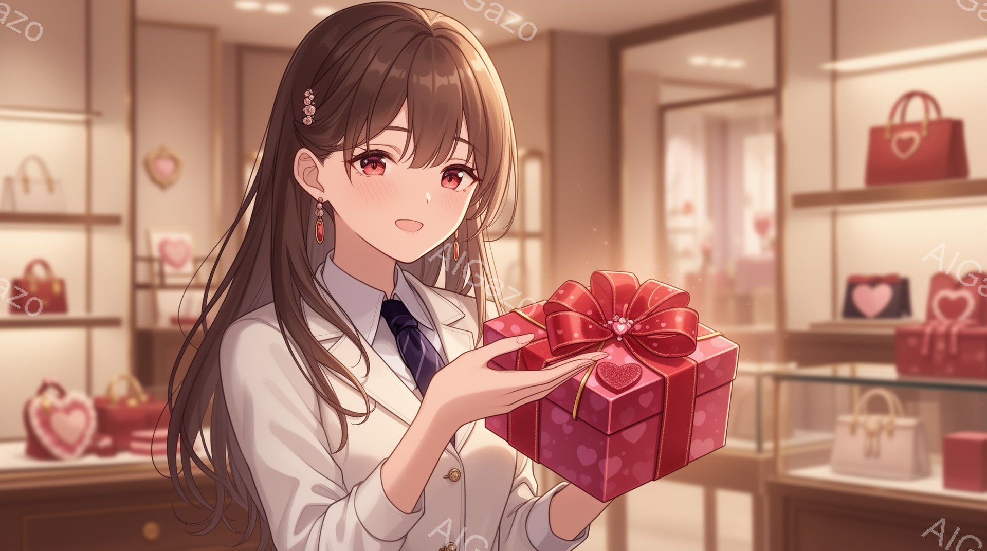 長い茶色の髪に赤いリボンが飾られた少女が、赤いリボンで飾られた赤いギフトボックスを両手で抱えています。彼女は白いブラウスとネクタイを着ており、顔には幸福感が表れています。背景には高級感のあるショーケースが並び、赤いハート型のバッグや白いバッグが飾られており、全体的に暖かくロマンチックな雰囲気を醸し出しています。