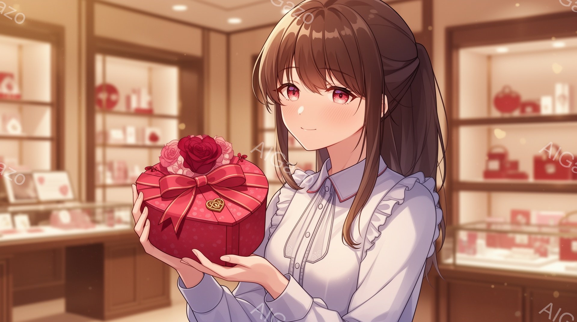 長い茶色の髪をハーフアップにした少女が、赤いリボンとバラで飾られた赤いギフトボックスを両手で抱えています。彼女は白いブラウスを着ており、笑顔で優しげな表情をしています。背景にはショーケースが並び、店内の暖かい雰囲気が感じられます。