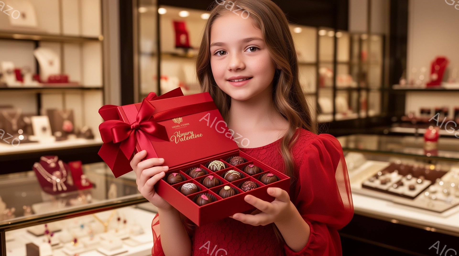 若い少女が赤いベルベットの箱に入ったチョコレートを抱えています。彼女は赤いドレスを着ており、髪は後ろで三つ編みにされています。背景は宝石店のショーケースで、豪華な雰囲気の中でチョコレートを見せびらかしています。