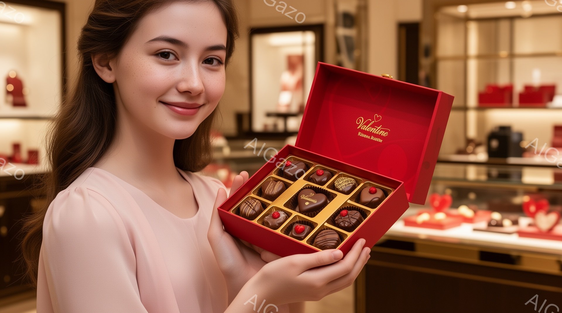 画像には、ピンク色のブラウスを着た若い女性が、開いた赤いチョコレートの箱を両手で持っています。彼女は微笑んでおり、明るい表情でチョコレートを見せています。背景には、同じような赤い箱が並んだショーケース - AI生成フリー素材