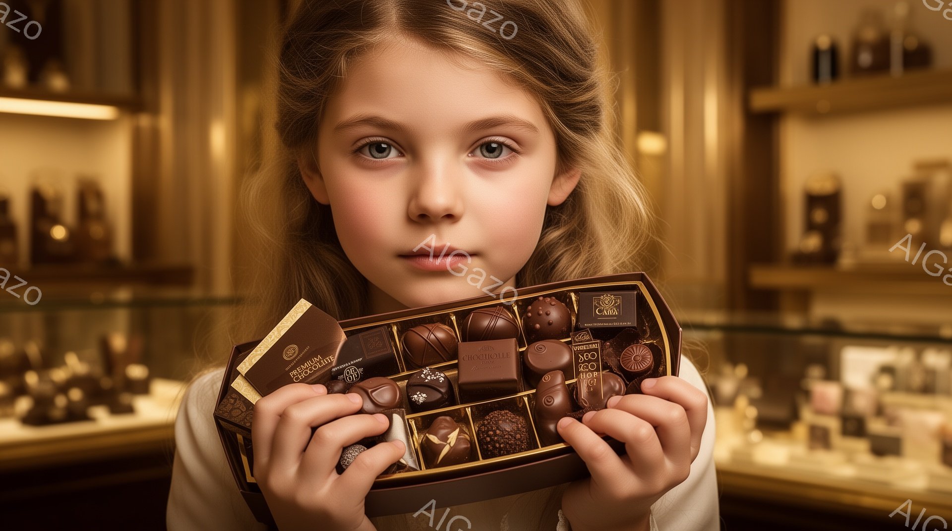 金髪で、ゆるく三つ編みをした少女が、高級チョコレートの箱を両手で抱えています。彼女は青い目をこちらに向けており、やや真剣な表情をしています。背景はチョコレートショップの内装で、様々なチョコレートが並べられ、暖色系の照明が上品な雰囲気を醸し出しています。