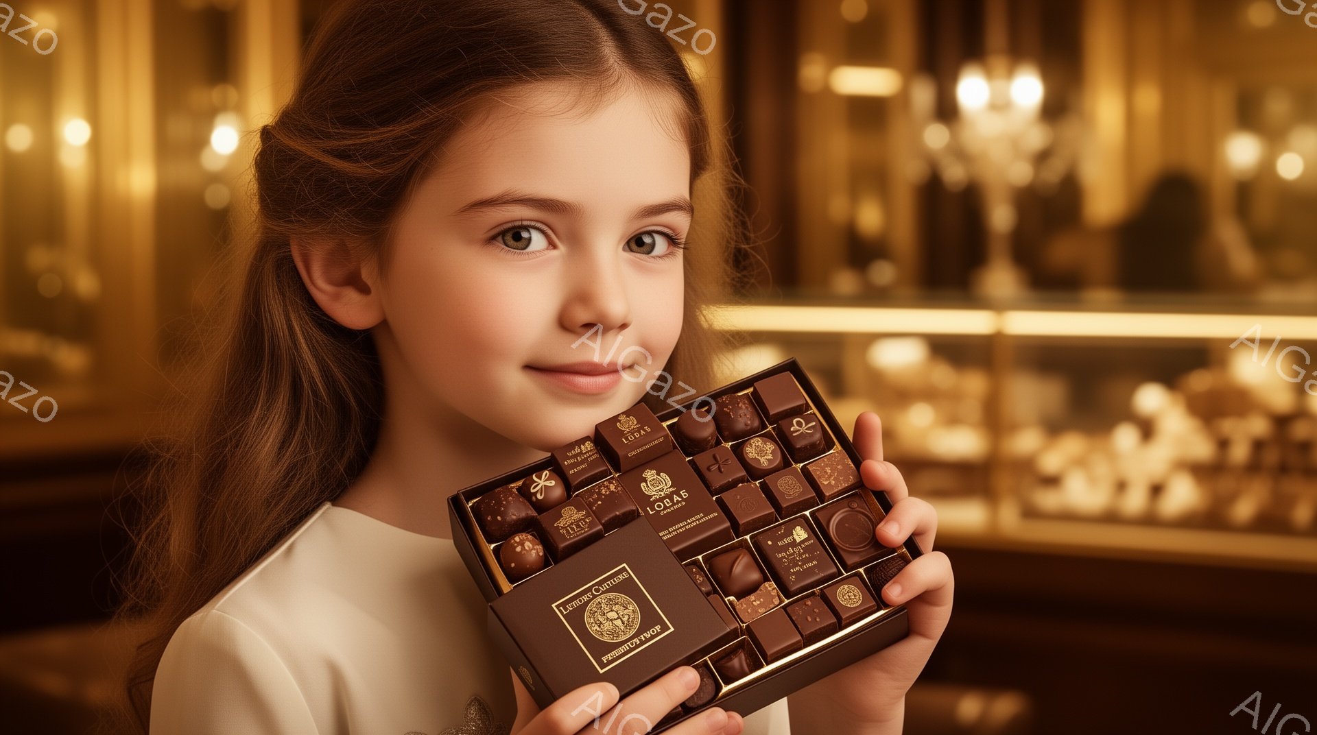金髪の少女が、高級感のあるチョコレートの詰め合わせ箱を両手で抱えています。彼女は白いブラウスを着ており、髪は肩まで伸びて自然なカールがかかっています。背景は豪華な内装で、暖色系の照明が暖かく、優雅な雰囲気を醸し出しています。