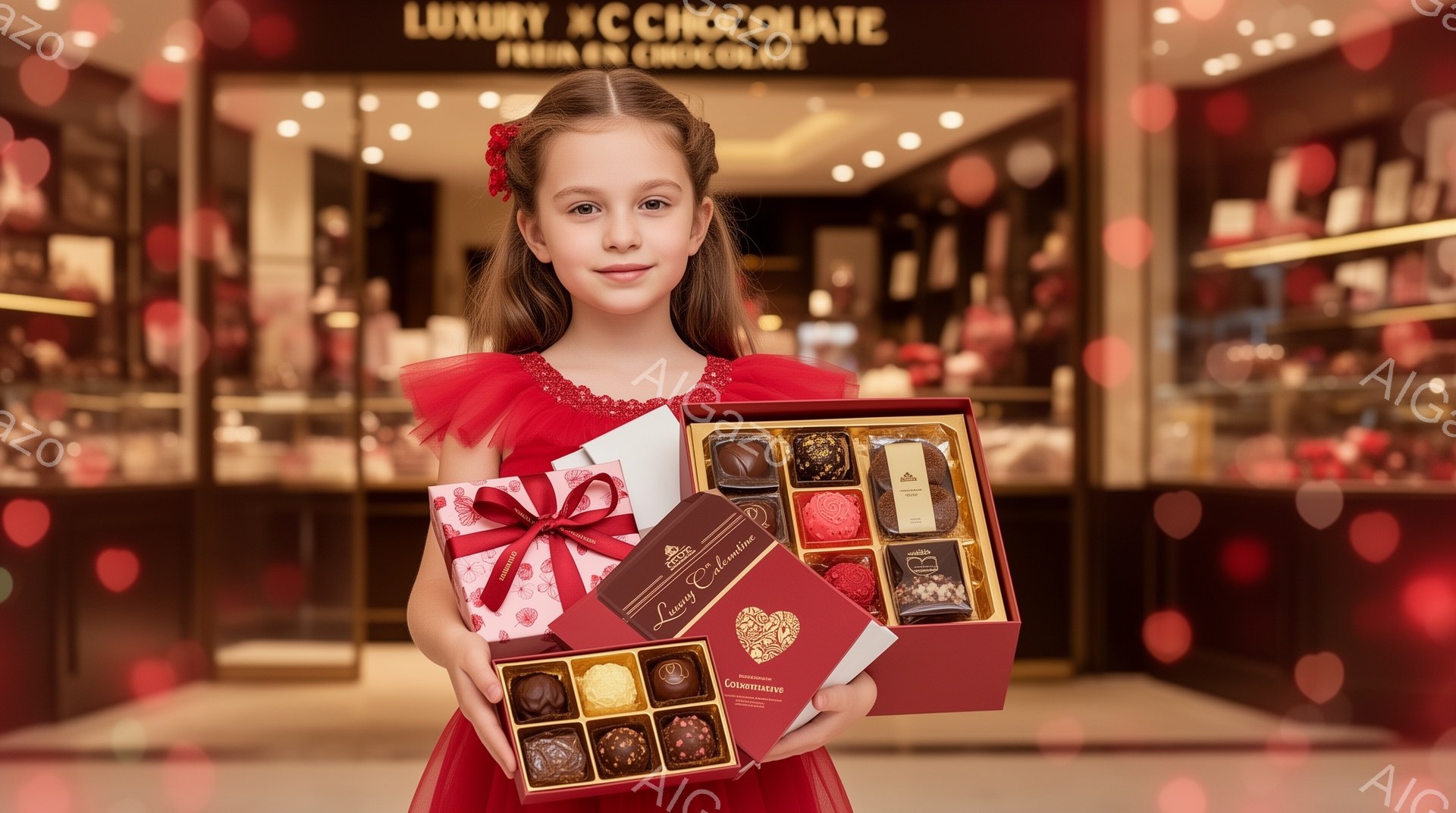 少女は赤いドレスを着て、髪をリボンで結んでいます。彼女は大きなチョコレートのギフトボックスを持って微笑んでおり、幸せそうな表情をしています。背景はチョコレートのディスプレイが並んだお店で、高級感があり、華やかな雰囲気が漂っています。