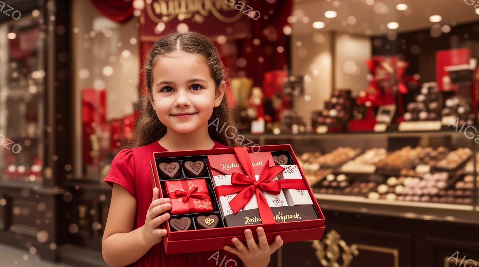 赤いドレスを着た少女が、赤いリボンで飾られたチョコレートの詰め合わせの箱を両手で抱えています。彼女は微笑んでおり、明るい茶色の髪は後ろで結ばれています。背景には、さまざまな種類の焼き菓子が並んだショーケースが見え、高級感のあるパティスリーの店内であることがわかります。