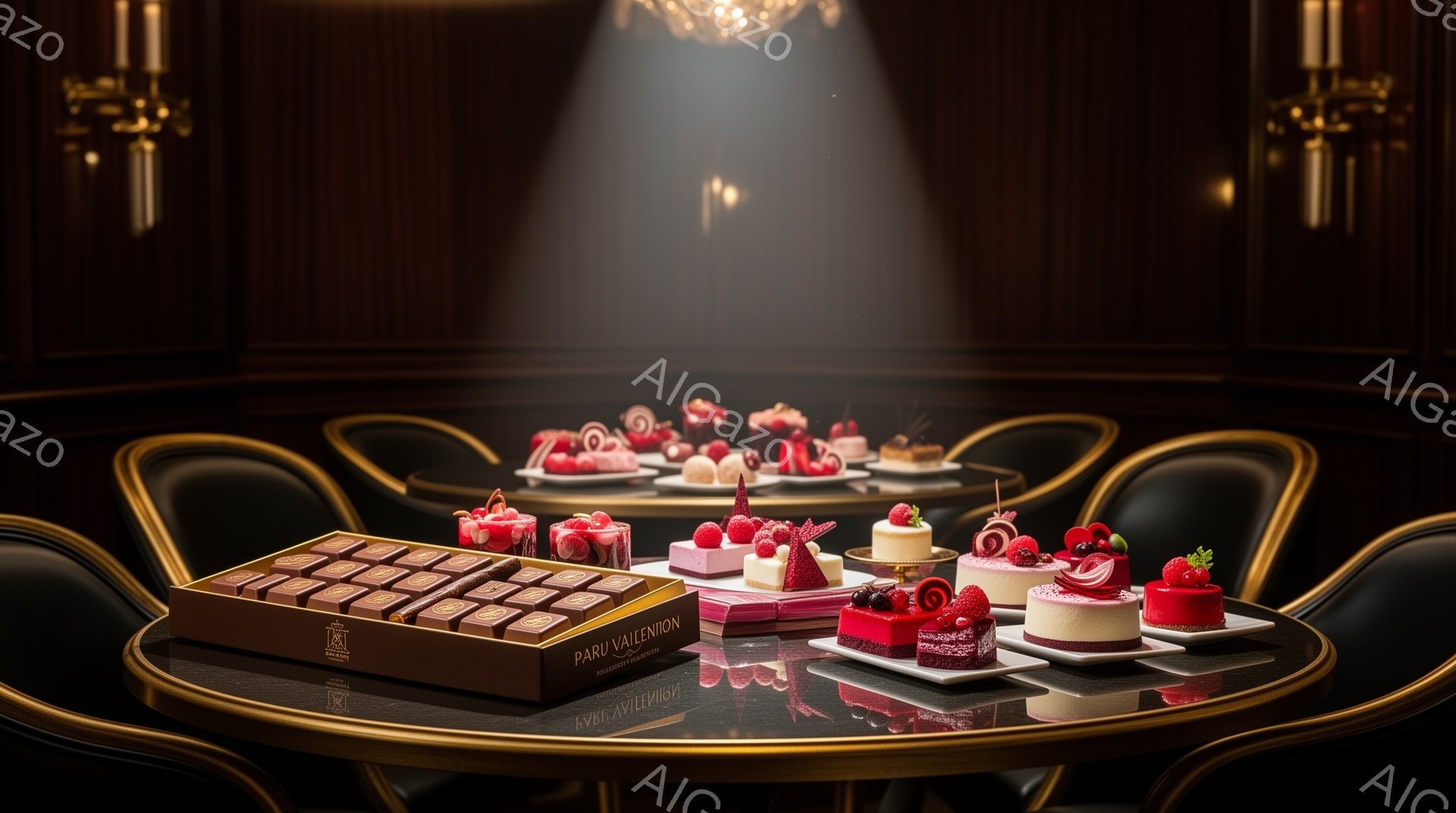 豪華なチョコレートとケーキが、光沢のある黒いテーブルに並べられています。背景には、豪華な装飾が施された部屋の一部がぼんやりと見え、上からシャンデリアが輝き、全体的に優雅で洗練された雰囲気を醸し出しています。チョコレート箱には「PARU VALENIN」という文字が金色のロゴと共に記されており、特別な機会のための贅沢なデザートの盛り合わせを示唆しています。