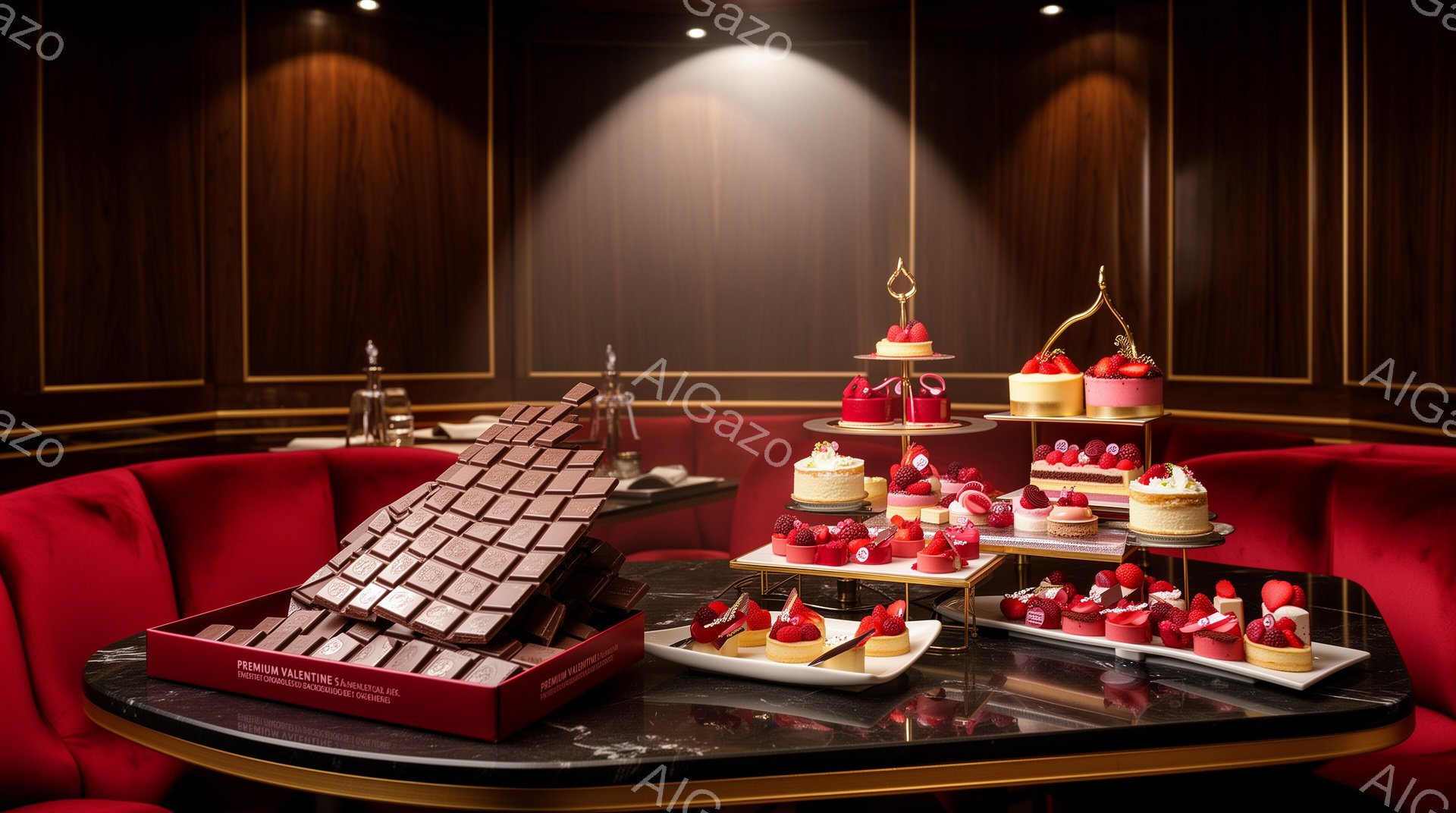 鮮やかな赤いベルベットのソファに、様々なチョコレート菓子やケーキが並べられています。黒い大理石のようなテーブルに、イチゴをあしらった華やかなケーキやチョコレートが、まるで宝石のように輝きを放っています。背景は暗く、スポットライトが照らされた豪華な雰囲気で、特別な日のデザートの盛り合わせを強調しています。