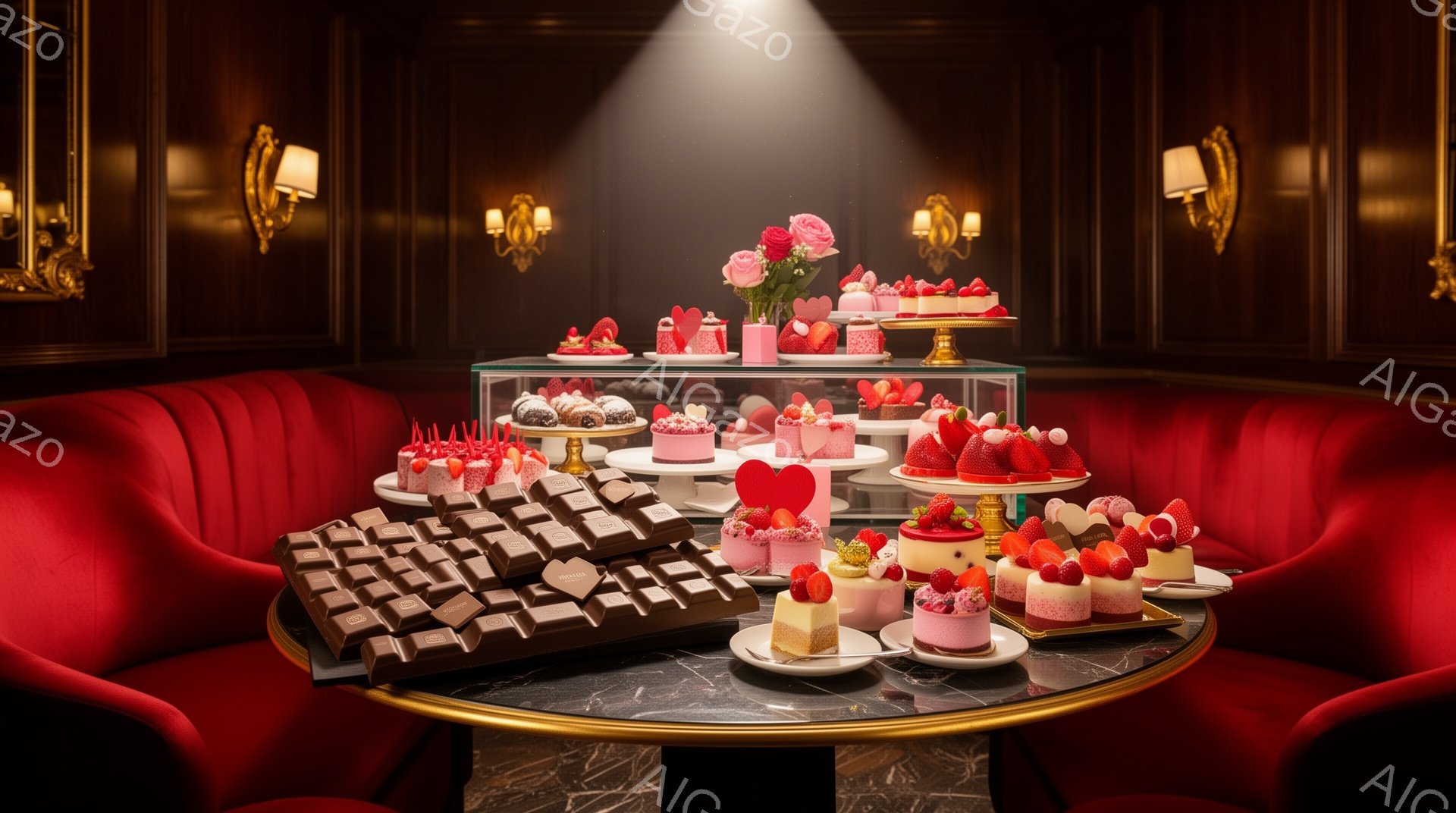 真っ赤なベルベットのソファを背景に、様々なチョコレート菓子が並べられたテーブルが印象的な画像です。マカロンやケーキ、チョコレートバーなどが美しくディスプレイされており、背景の照明と相まって、甘くてロマンチックな雰囲気を醸し出しています。全体的に洗練された上品な印象で、特別な日のデザートを彷彿とさせます。