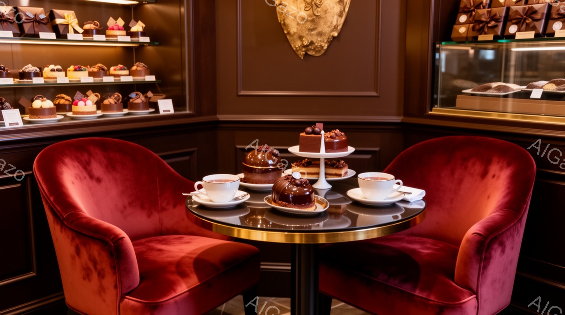 ベルベットの赤い椅子が2脚、丸いテーブルを挟んで向かい合っています。テーブルの上にはティーカップとチョコレートケーキ、小さなタルトが置かれており、ショーケースには様々なチョコレート菓子が並んでいます。背景は深紅色の壁と装飾が施され、上品で落ち着いた雰囲気が漂っています。