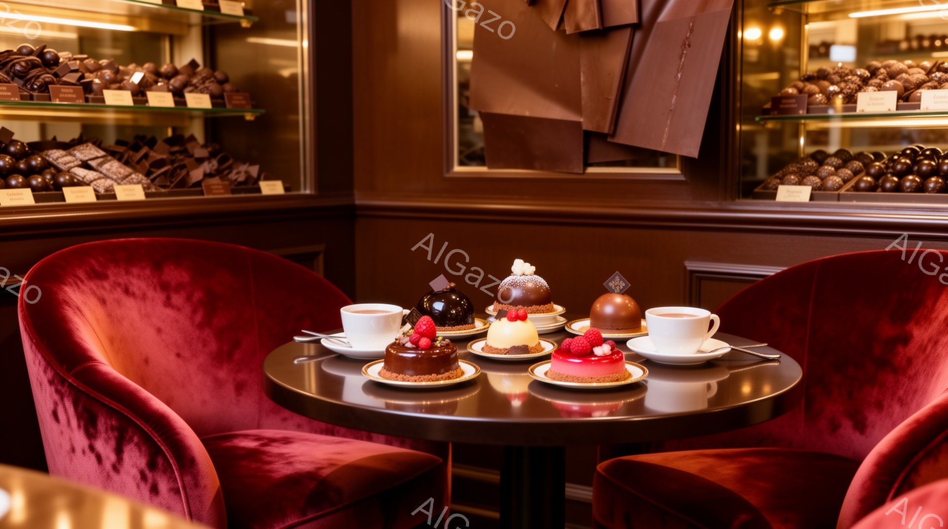 深紅色のベルベット調の椅子が円形のテーブルを挟んで配置され、テーブルの上には様々なケーキとコーヒーカップが置かれている。背景にはチョコレートが並んだショーケースがあり、店内は落ち着いた温かい雰囲気で統一されている。ケーキはチョコレートケーキ、クリームとベリーのタルト、チョコレートムースなど、繊細なデザインで食欲をそそる。