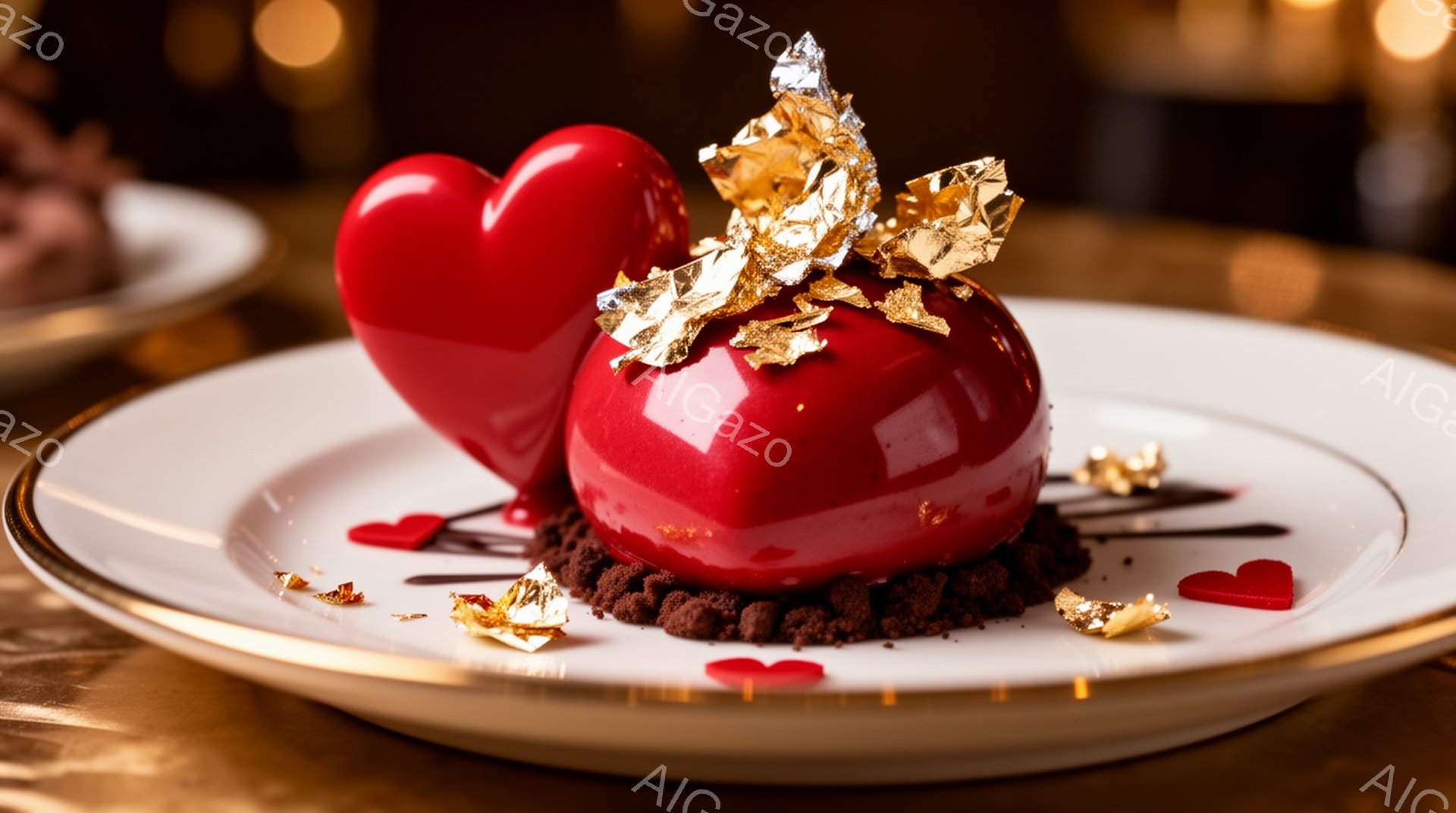 真っ赤なハート型のムースが、砕いたチョコレートのような土台の上に飾られた美しいデザートです。金箔の装飾が華やかさを添え、チョコレートソースと小さな赤いハートがアクセントになっています。背景はぼかされて - AI生成フリー素材