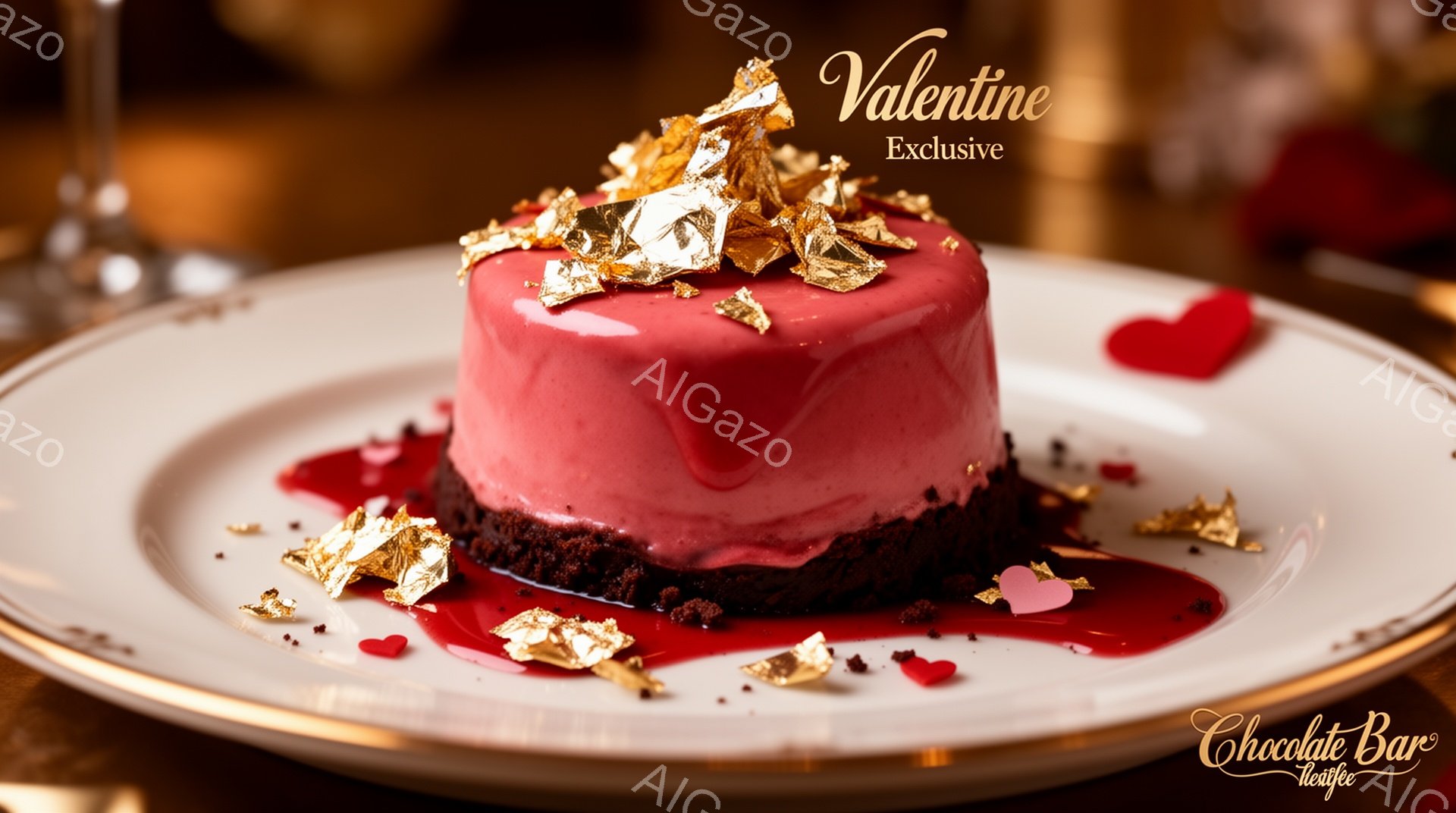 鮮やかな赤色のムースケーキが白皿に乗っており、周囲には赤いソースが滴り落ちています。ケーキの上には金箔が散りばめられ、高級感と華やかさを演出しています。背景はぼやけていますが、温かみのある光がケーキを照らし、特別な日のデザートであることを示唆しています。