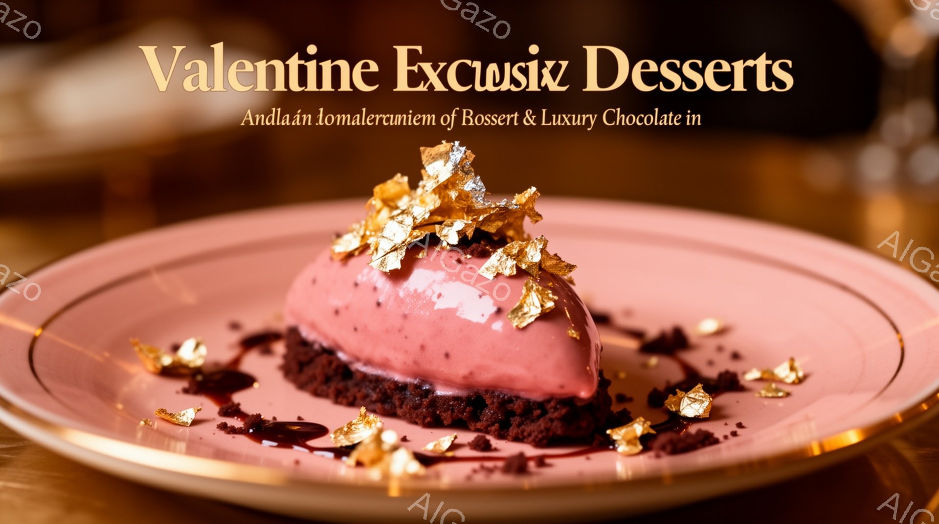 鮮やかなピンク色のムースが、チョコレートクランブルの上に美しく盛り付けられています。金箔が繊細に散りばめられ、高級感と華やかさを演出しています。背景は暗めで、ムースの鮮やかな色彩が際立ち、上品で洗練された雰囲気を醸し出しています。