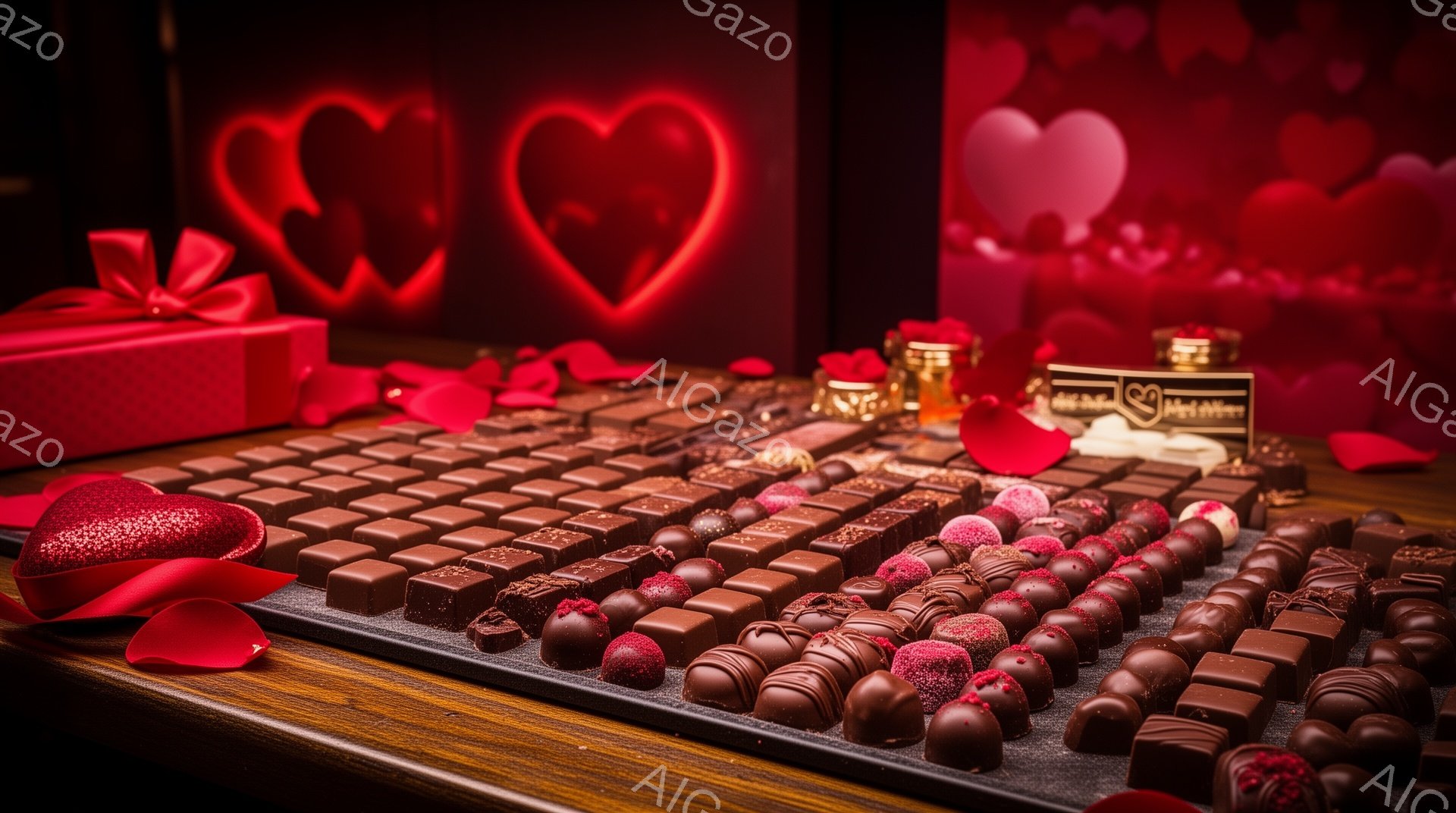 チョコレートが整然と並べられた、ロマンチックな雰囲気の写真です。赤いバラの花びらが散りばめられ、背景にはハート型のライトが飾られています。全体的に、バレンタインデーや特別な日の贈り物にふさわしい、甘く幸福なイメージが表現されています。
