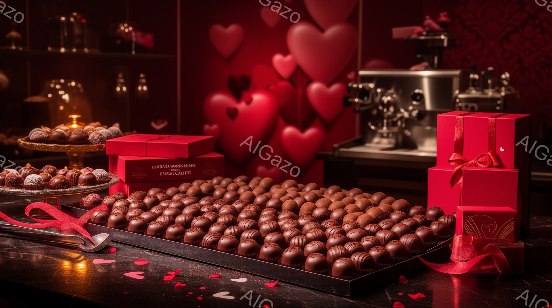 深い赤色の背景に、チョコレートのプラリネが丁寧に並べられています。高級感のある赤いギフトボックスと、散りばめられたバラの花びらが、ロマンチックな雰囲気を醸し出しています。背景には、きらびやかな装飾が施されたカフェやバーのような空間がぼんやりと見え、特別な日のための贅沢な光景を表しています。