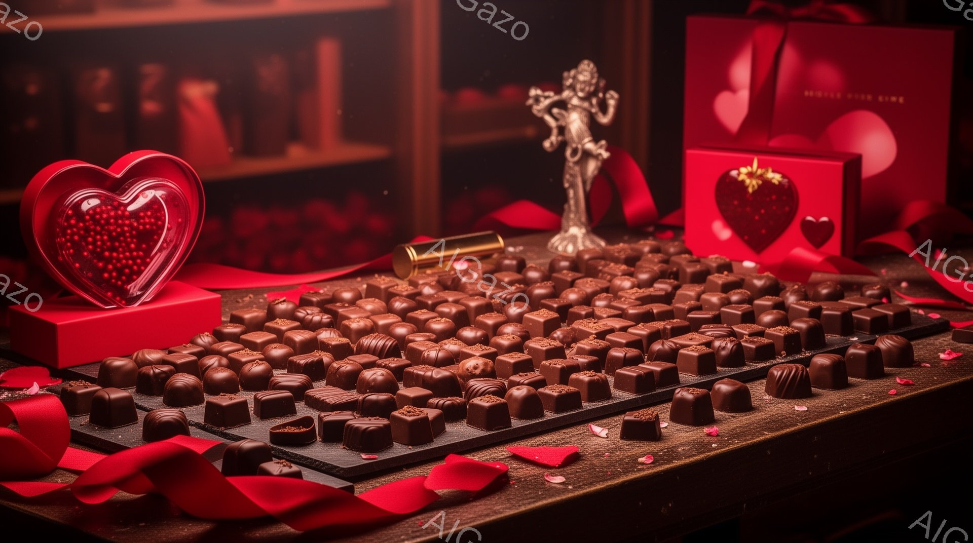 チョコレートがぎっしりと並んだ木製のテーブルが印象的で、その周囲には赤いリボンやバラの装飾が散りばめられています。背景にはぼやけた本棚が見え、甘くロマンチックな雰囲気を醸し出しています。ハート型の透明 - AI生成フリー素材
