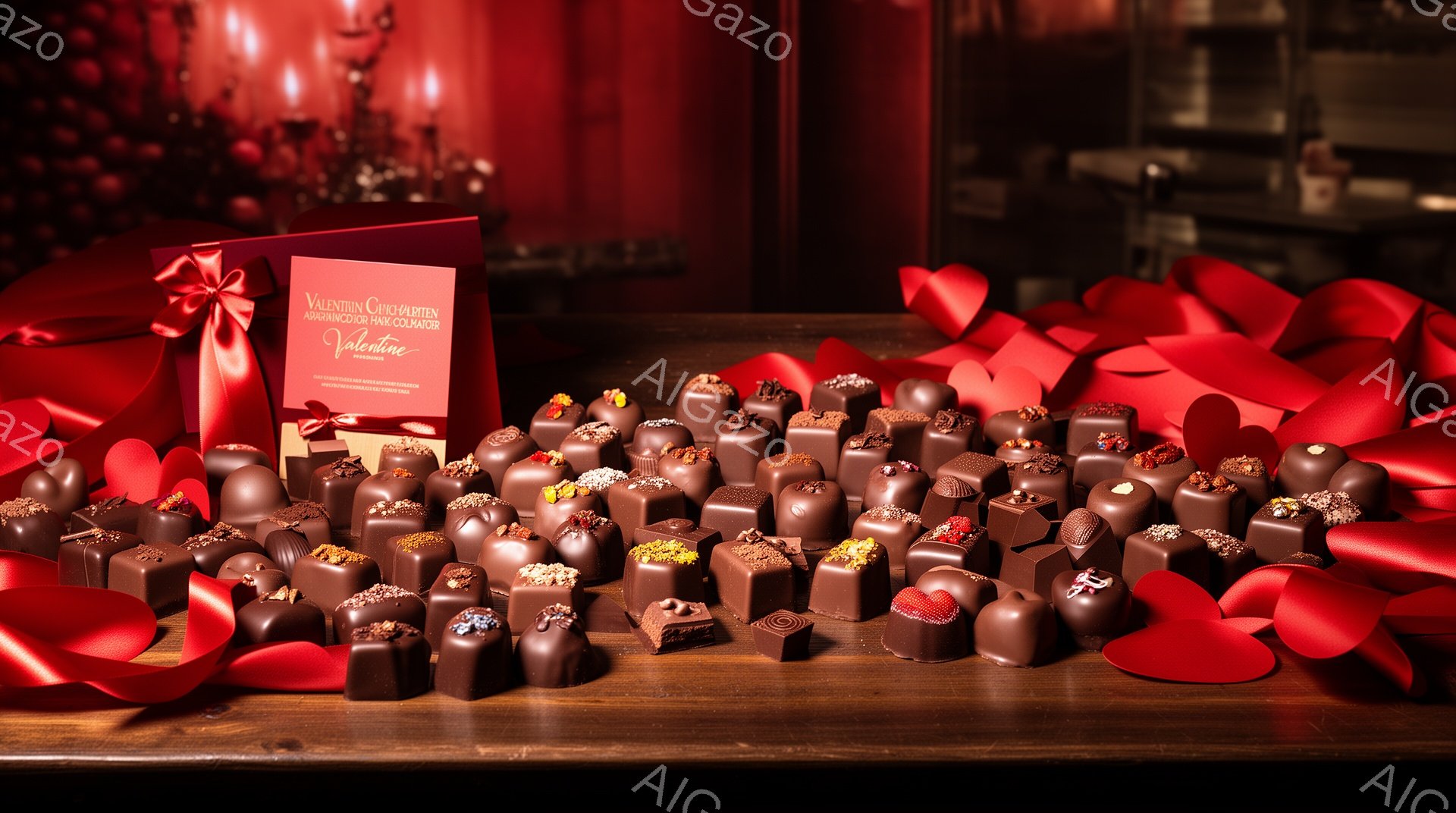 鮮やかな赤い背景に、様々な種類のチョコレートが大量に散りばめられています。チョコレートは四角、丸、そしてハート形など、多様な形をしており、まるで宝石箱をひっくり返したかのようです。その豪華さと鮮やかな - AI生成フリー素材