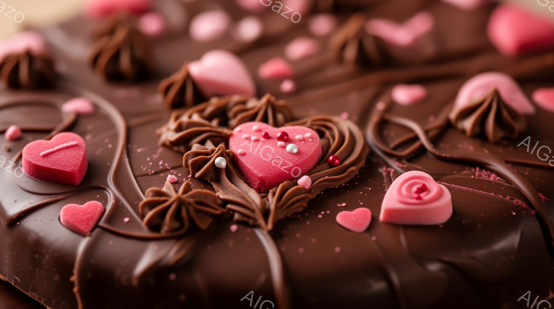 チョコレートケーキが写っており、表面は濃い茶色のアイシングで覆われています。様々な大きさのピンク色のハート型チョコレートや、渦巻き状のチョコレート装飾が散りばめられており、可愛らしい印象を与えます。全 - AI生成フリー素材