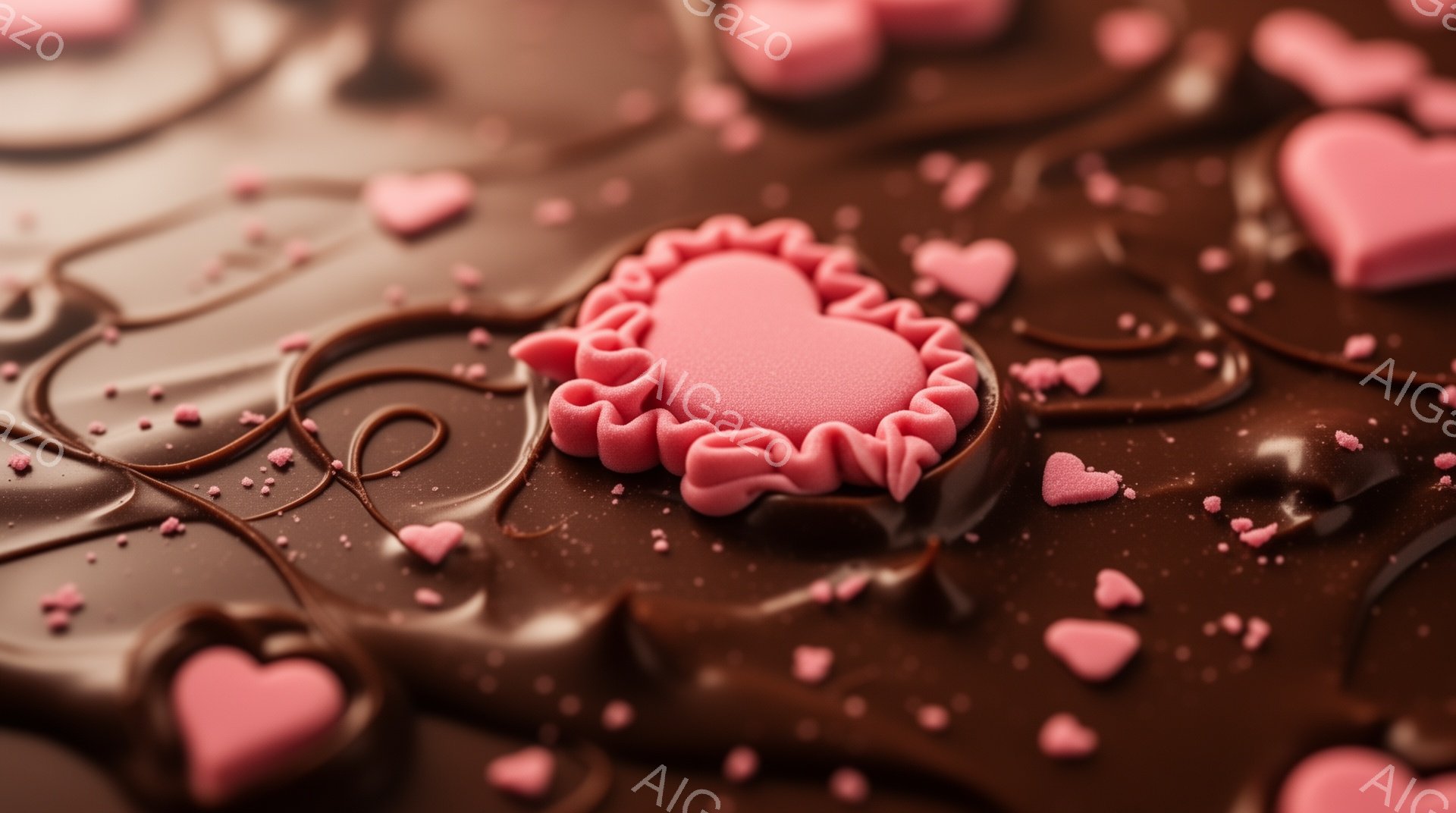 チョコレートが溶け出して描かれた模様が広がる背景に、ピンク色のハート型のチョコレートが散りばめられています。中央には、フリル状の縁取りが施された可愛らしいピンク色のハートが大きく配置されており、お菓子 - AI生成フリー素材