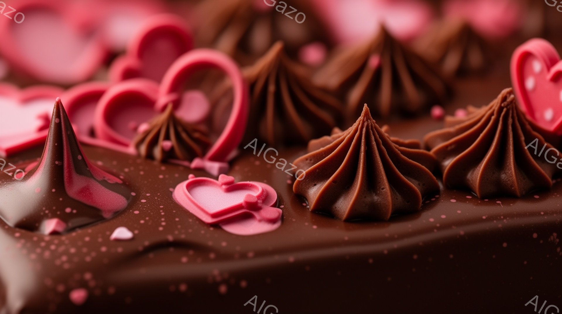 チョコレートケーキの表面が写っており、渦巻き状に絞られたチョコレートクリームと、砕かれたチョコレート、そしてピンク色のチョコレートのハートが飾られています。ケーキは濃い茶色で、全体的に甘くてロマンチッ - AI生成フリー素材