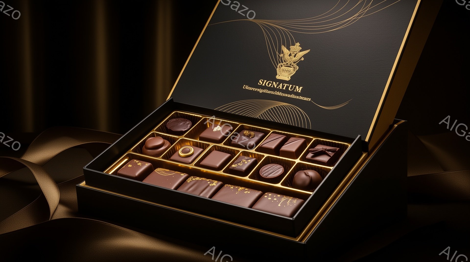 チョコレートが並んだ高級感のある箱が写っています。深緑色の箱には金色の文字で「SIGNATUM」と書かれており、蓋には金色の紋章がデザインされています。チョコレートは様々な形と装飾が施されており、蓋を - AI生成フリー素材