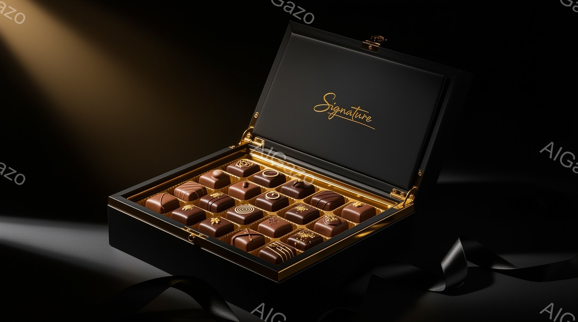 黒い箱の中に、様々な種類のチョコレートが整然と並べられています。箱は光沢があり、上品な印象を与え、リボンが箱の周りを飾り付けています。背景は暗く、チョコレートの美しい色合いと質感を際立たせており、高級感と洗練された雰囲気を醸し出しています。