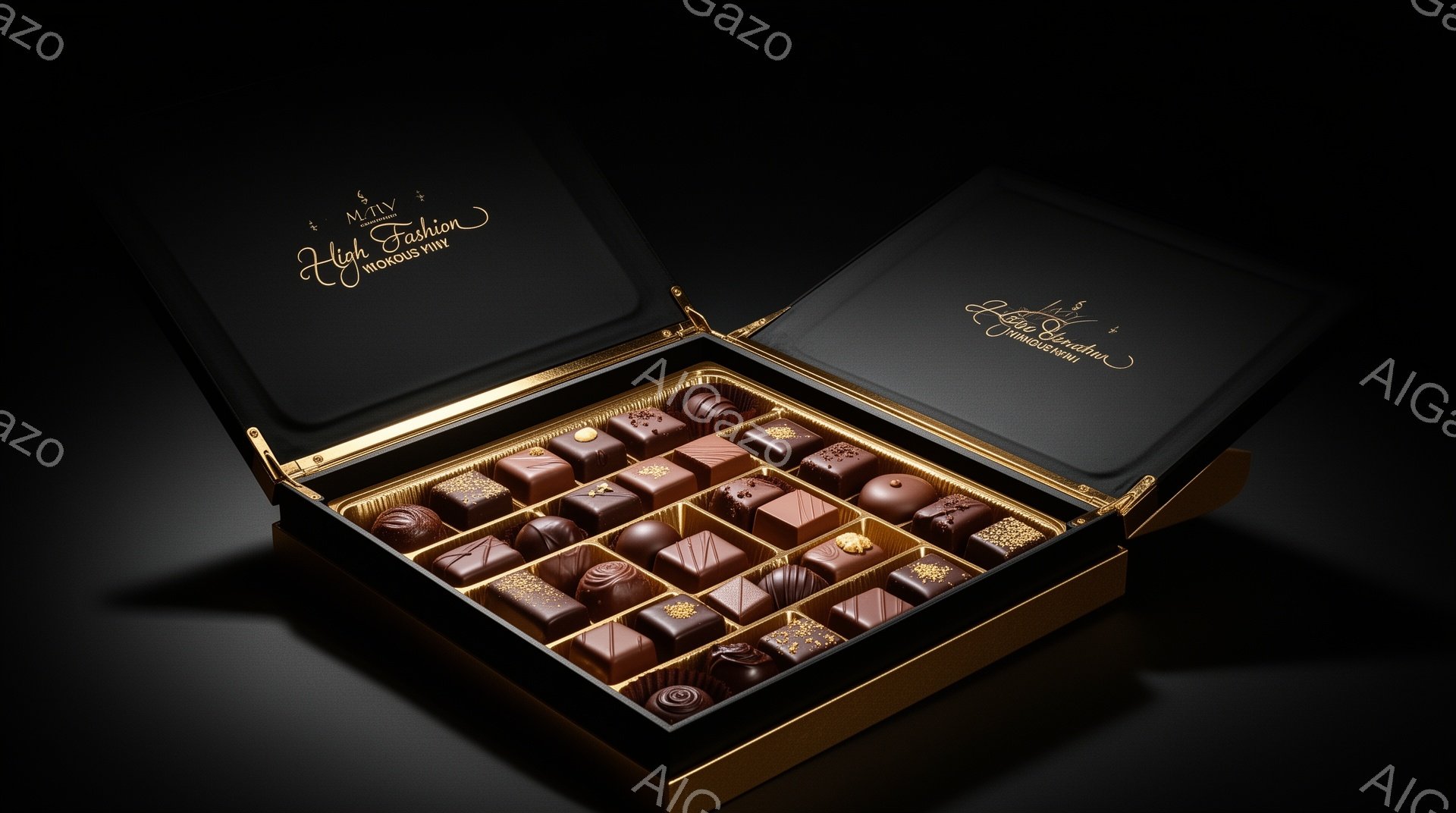 豪華なチョコレートの詰め合わせが黒い箱の中に並んでいます。様々な形と模様のチョコレートがぎっしりと詰まっており、光沢があり美味しそうに見えます。背景は暗く、チョコレートの美しさが際立っています。