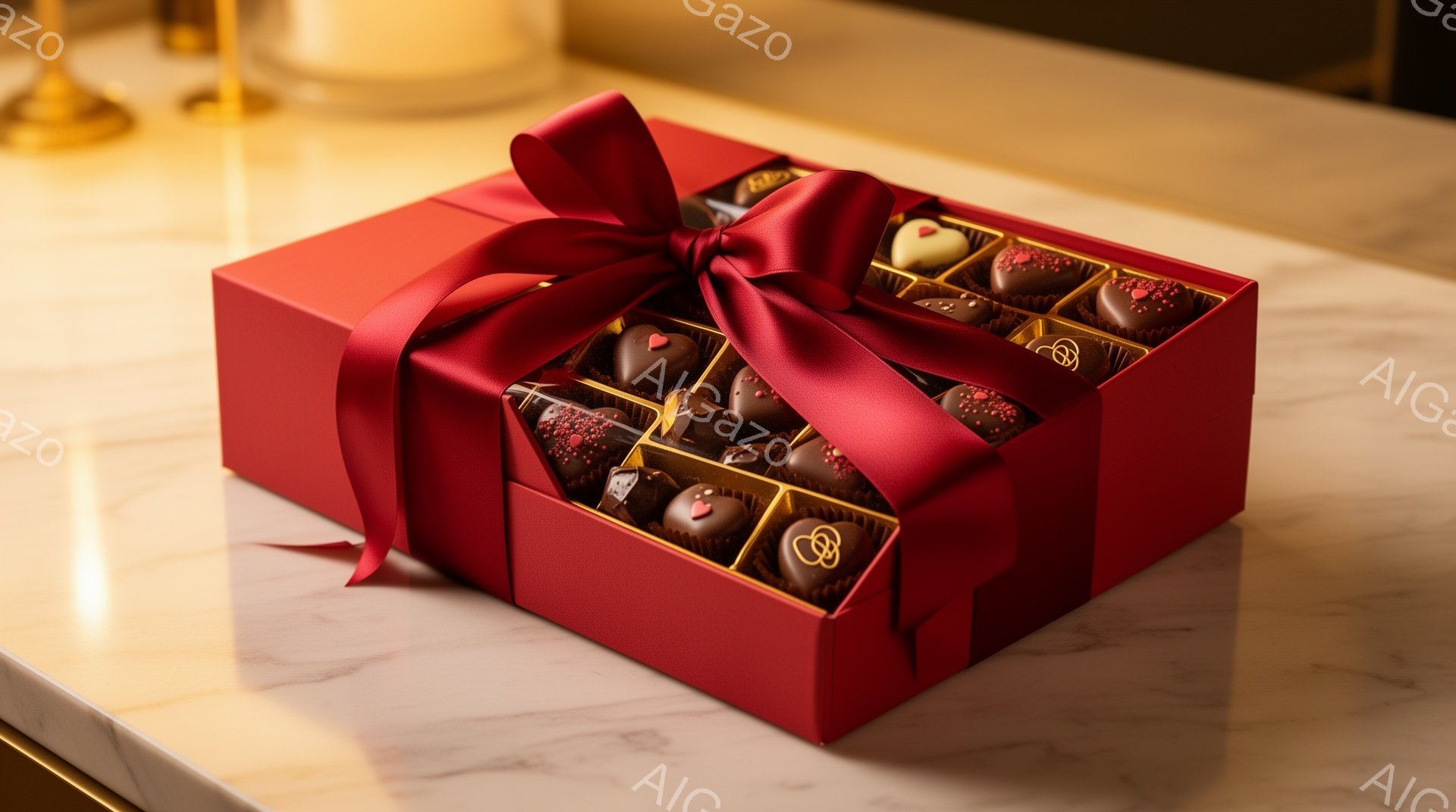 真っ赤なギフトボックスが、大理石のテーブルの上に置かれています。ボックスの中には、様々な種類のチョコレートが整然と並べられ、赤いリボンで上品に飾られています。背景はぼかされており、暖色系の光がボックスを照らし出し、高級感とロマンチックな雰囲気を醸し出しています。