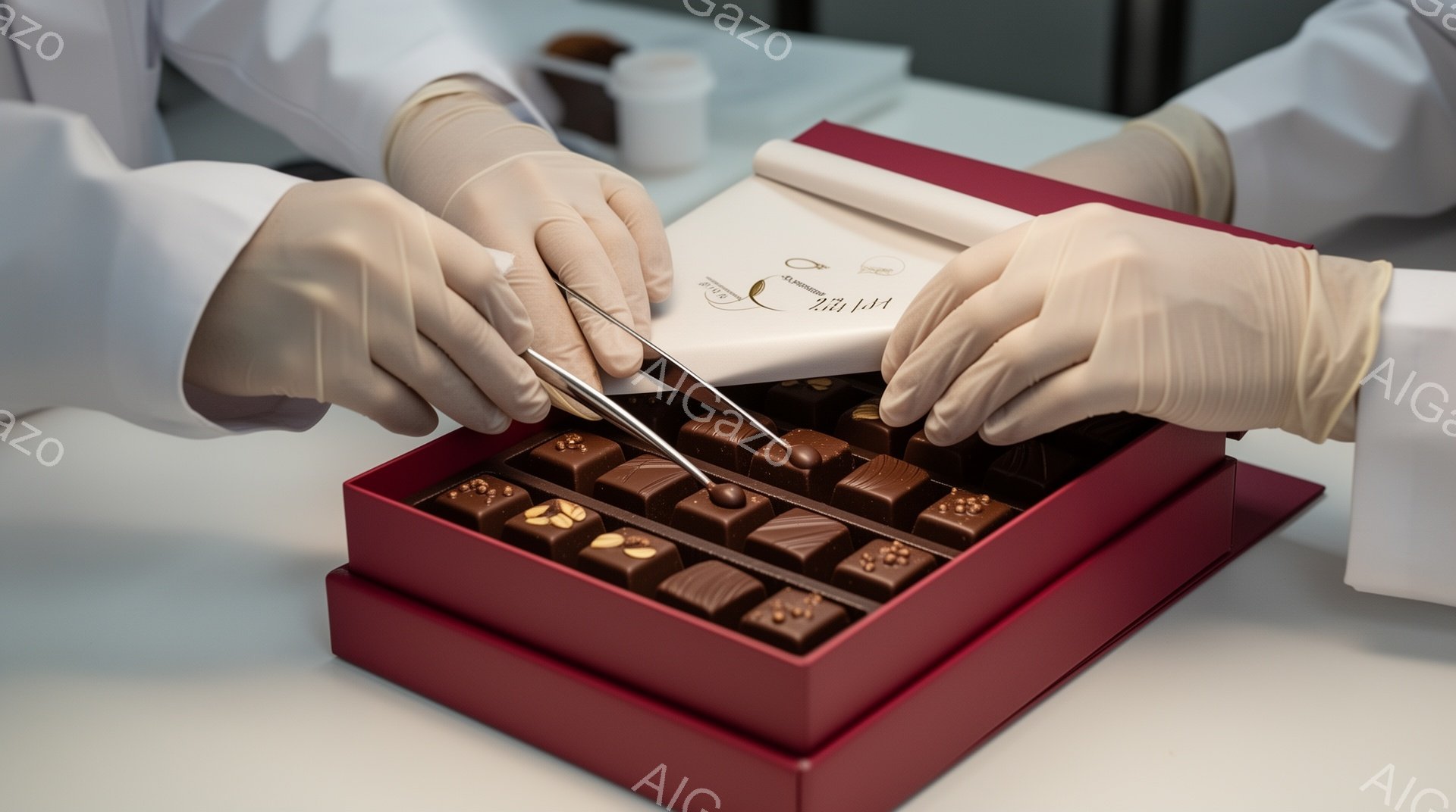 チョコレートの詰め合わせ箱に、白い手袋をはめた人物がピンセットでチョコレートを慎重に配置している様子が写っている。箱は深紅色の正方形で、中には様々な形のチョコレートが整然と並んでいる。背景はぼやけており、清潔感のある室内であることがわかる。