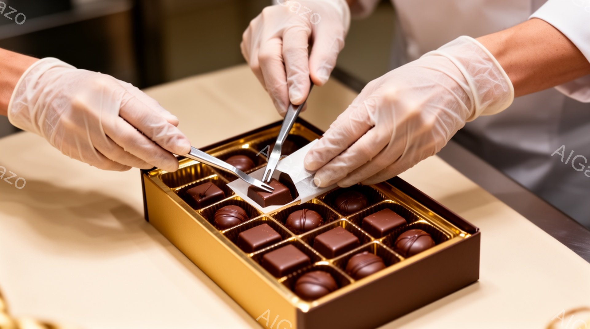 白い手袋をはめた手が、茶色のチョコレートを箱の中にピンセットで丁寧に並べている様子が写っている。チョコレートは光沢があり、箱は茶色と金色の組み合わせで高級感がある。背景は淡いベージュ色で、チョコレートの美しさが際立っている。