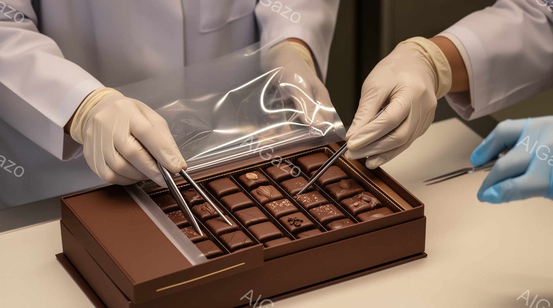 白衣を着用した人が、チョコレートが並んだ箱に透明なフィルムを被せる作業中です。ピンセットで丁寧にフィルムを操り、チョコレートを埃や汚れから保護しようとしています。背景は白く、清潔感があり、プロフェッショナルなチョコレート製造の現場を連想させます。