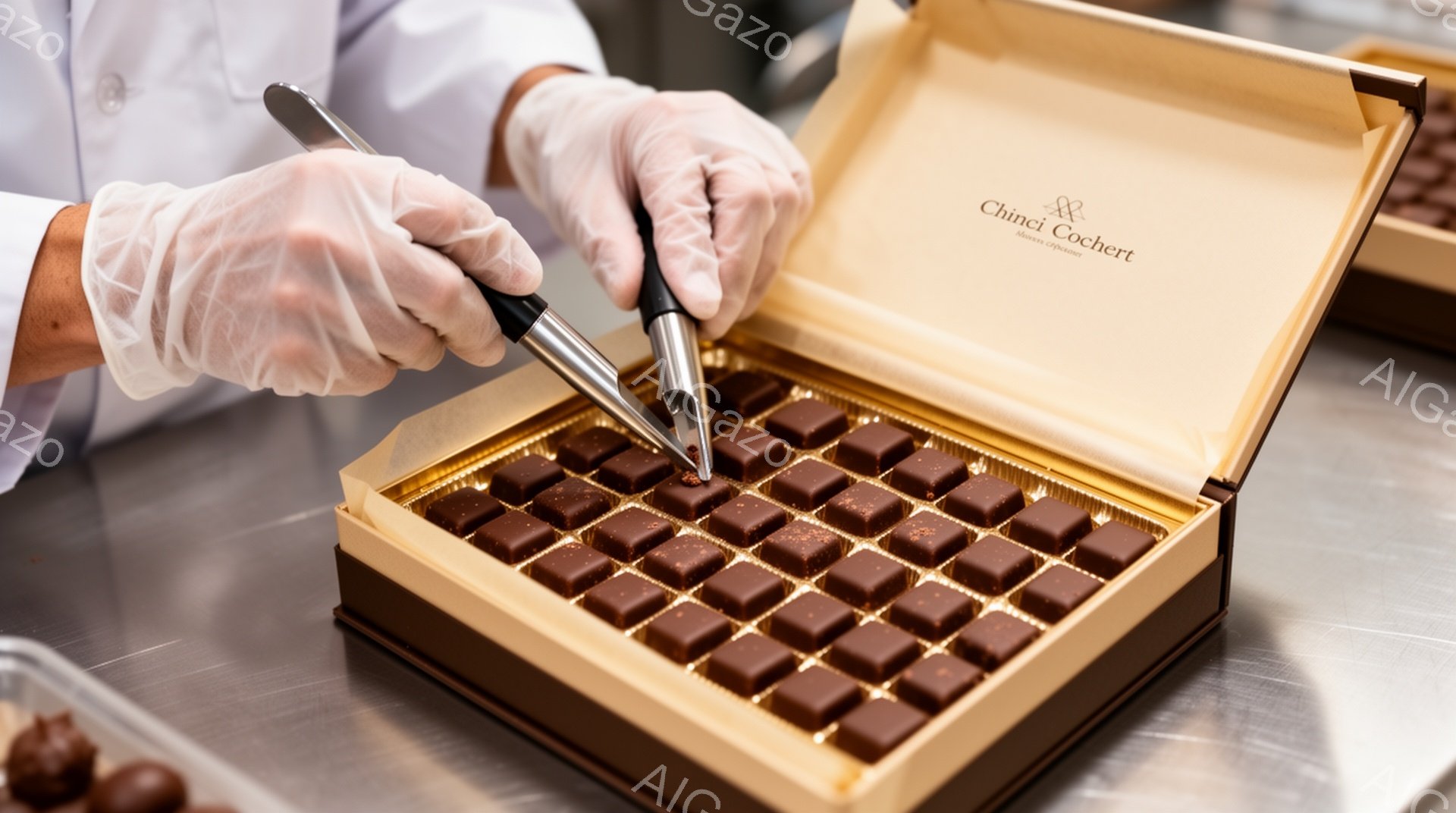 白い制服にゴム手袋をつけた人が、チョコレートが敷き詰められた箱にピンセットを使ってチョコレートを丁寧に並べている様子が写っている。箱は明るい茶色で、チョコレートは四角形で、表面に細かい模様が刻まれている。背景は金属製のテーブルで、他のチョコレートも少し見えるが、全体的に明るく清潔な印象を与える。
