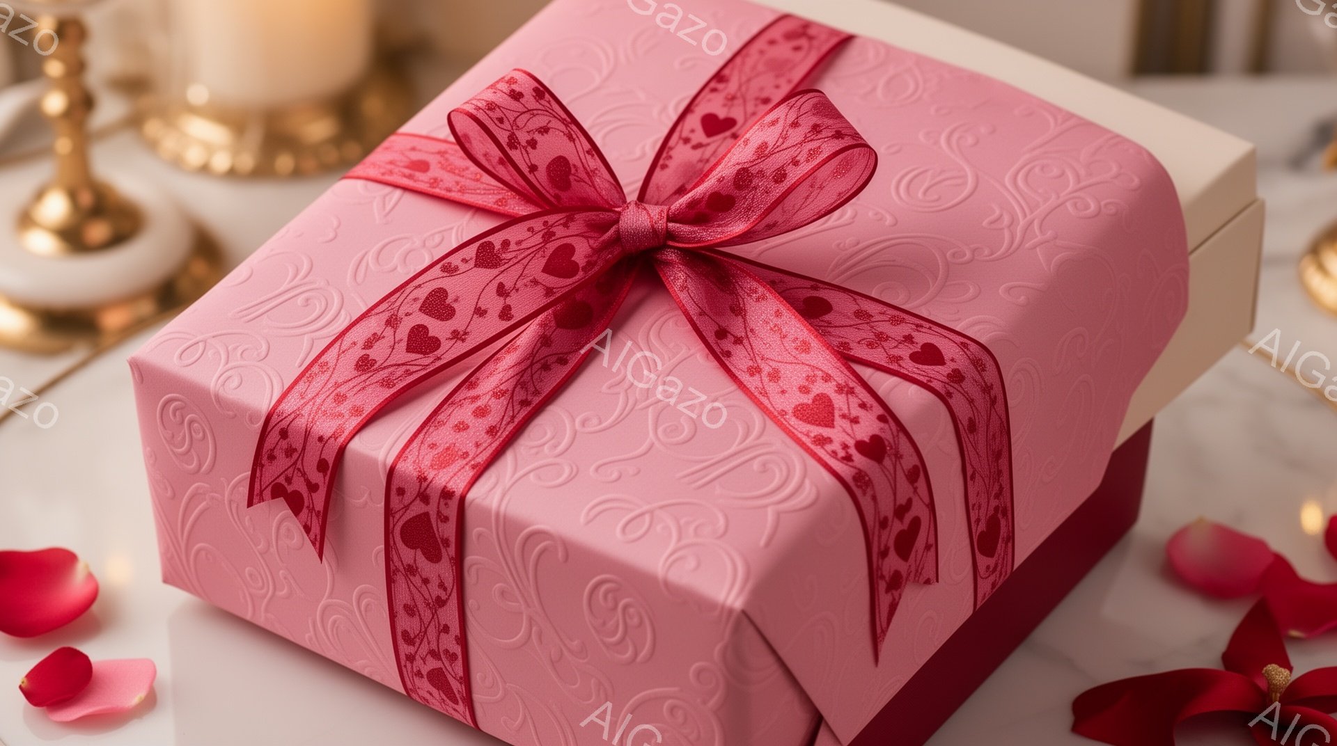 ピンク色のギフトボックスが、繊細な模様と赤いリボンで飾られています。ボックスの周りにはバラの花びらが散らばり、背景には金色の装飾が見え、優雅でロマンチックな雰囲気を醸し出しています。全体的に、特別な機会や愛情表現のための贈り物であることを示唆しています。