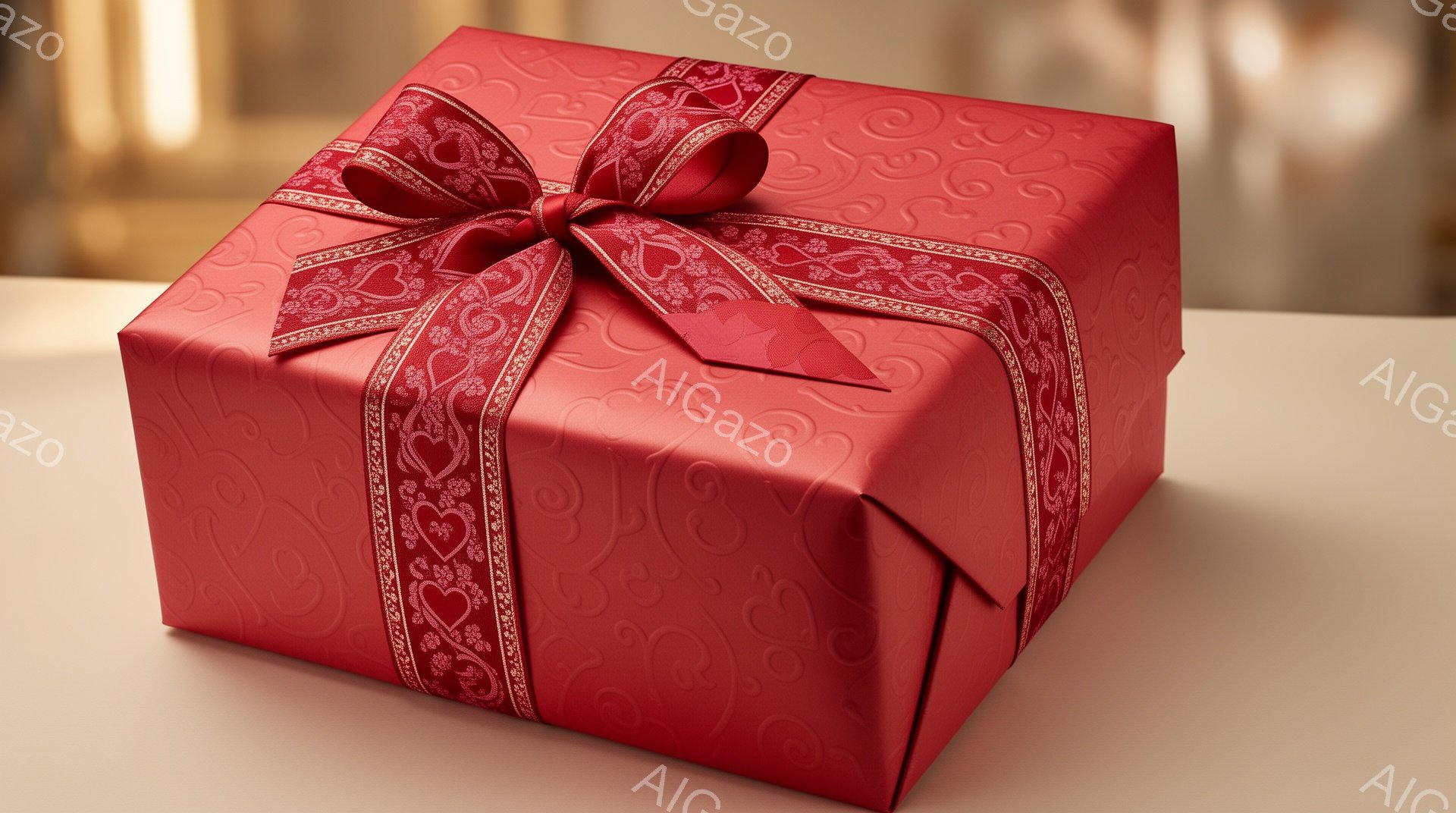 深紅色の包装紙で丁寧に包まれたプレゼントが写っている。包装紙には繊細な模様が施され、同色のリボンが上品な結び方で飾られている。背景はぼやけており、プレゼントが際立っている。
